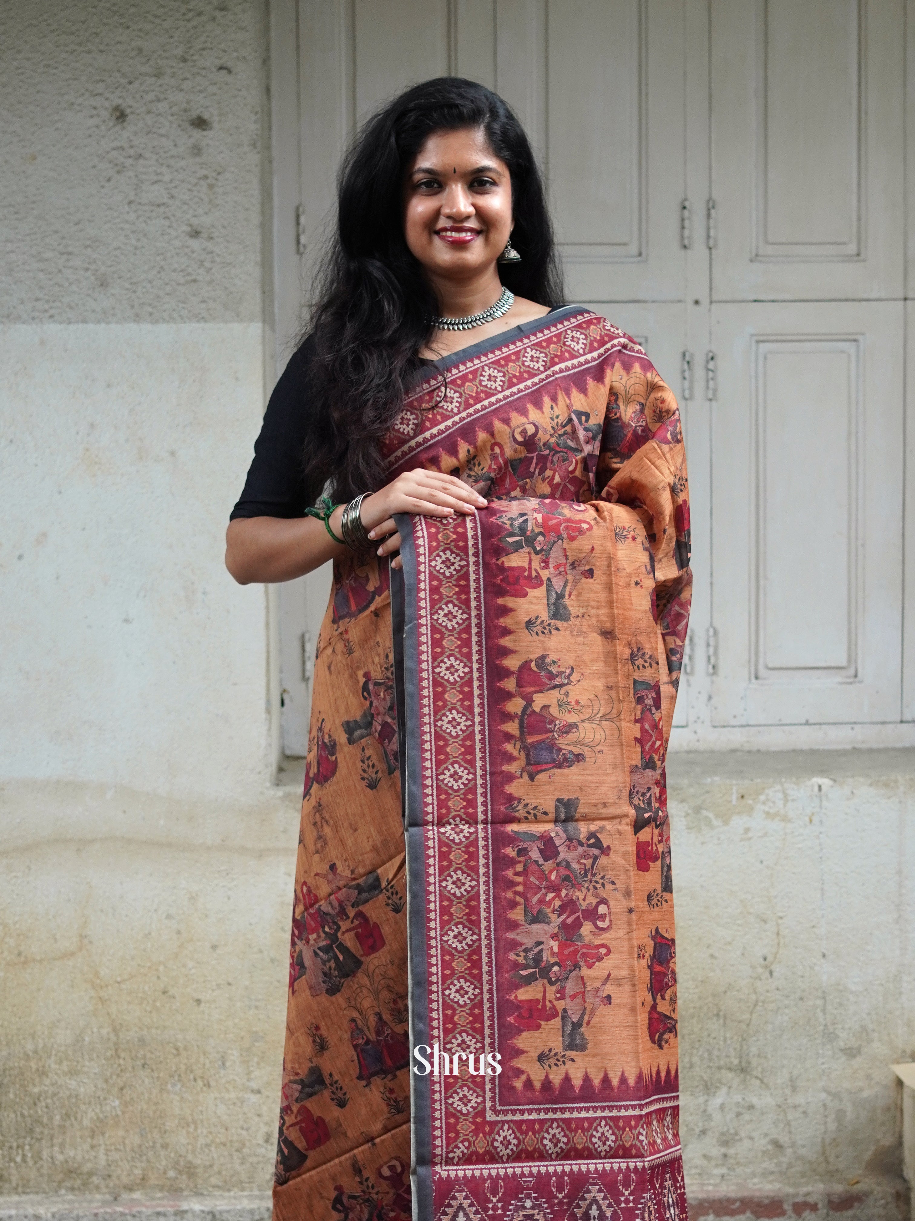 Orange & Maroon - Semi Chanderi Saree - Shop on ShrusEternity.com