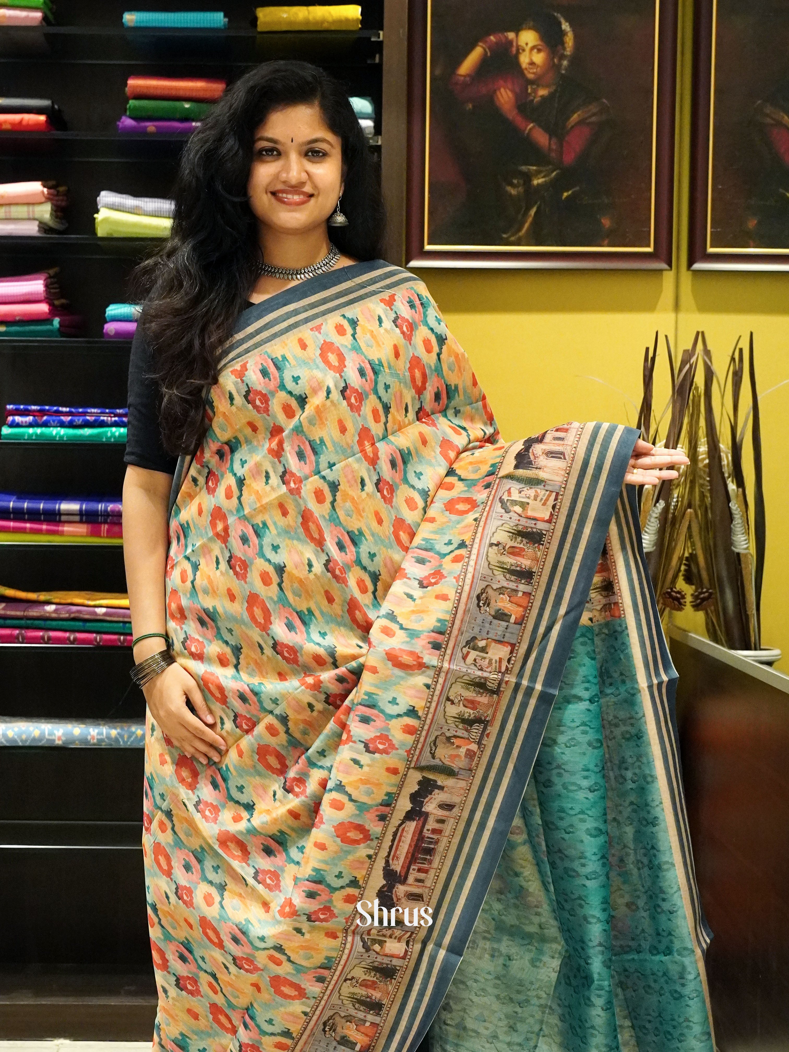 Multicolor & Green -Semi Chanderi - Shop on ShrusEternity.com