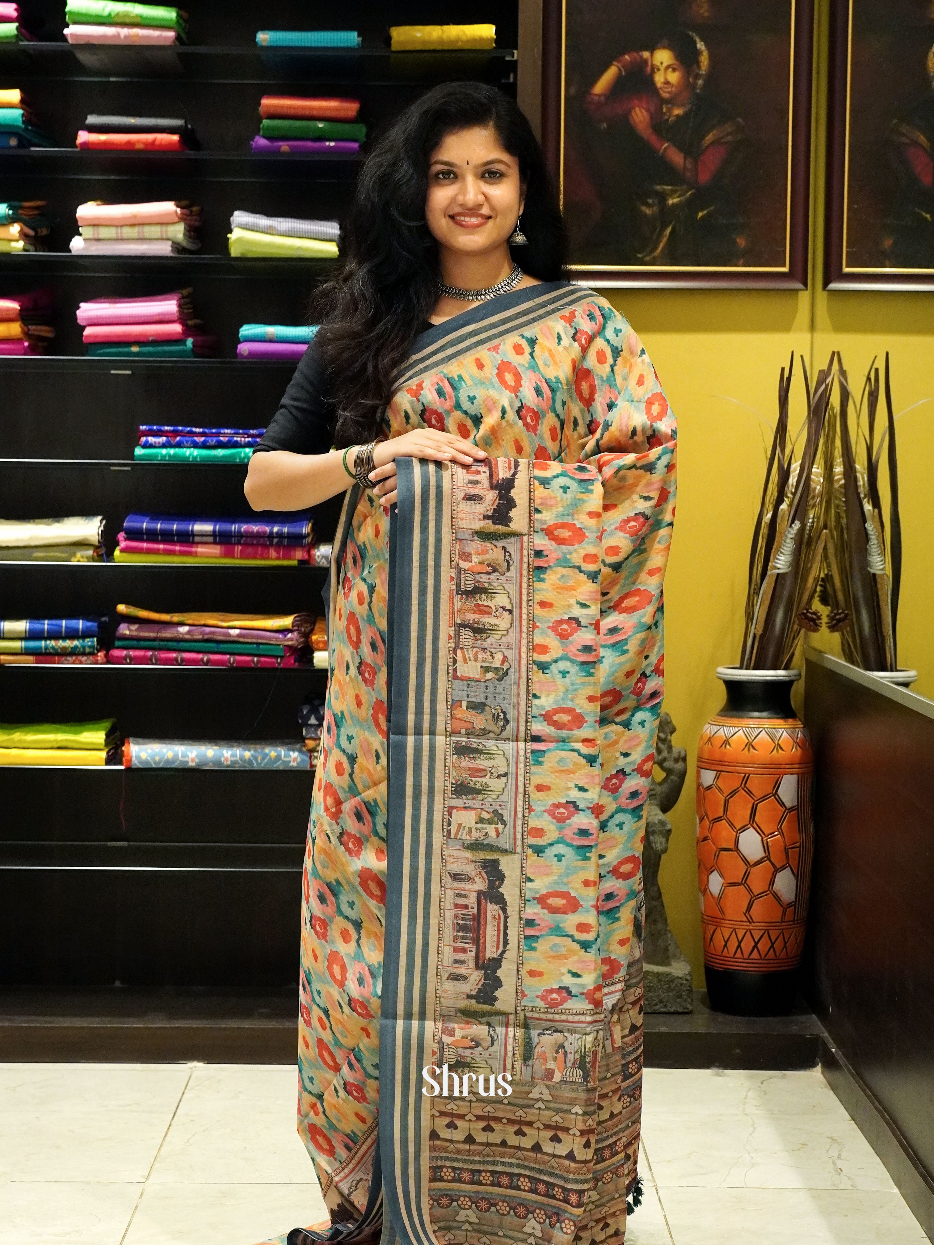 Multicolor & Green -Semi Chanderi - Shop on ShrusEternity.com