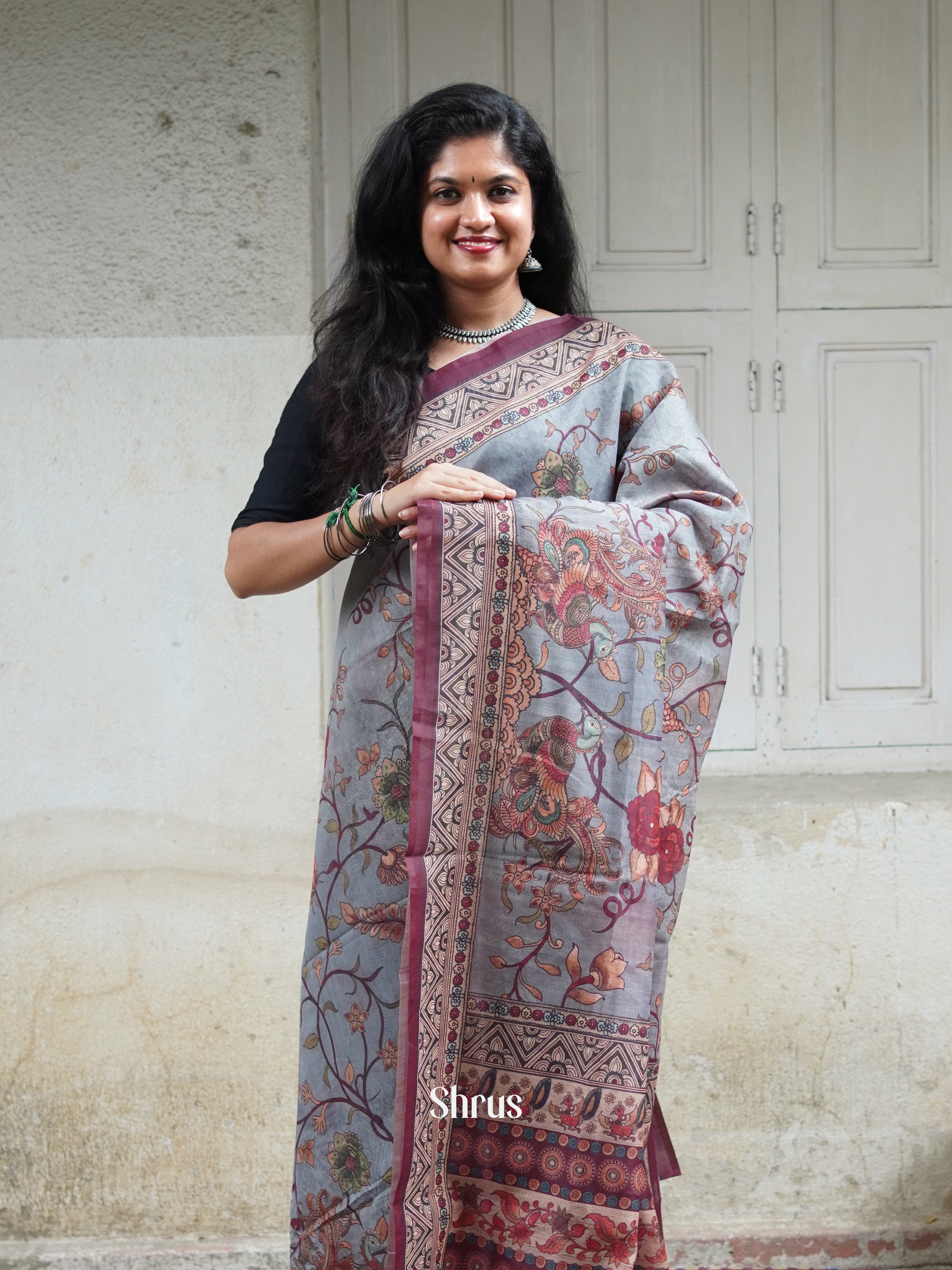 Grey & Maroon - Semi Chanderi Saree - Shop on ShrusEternity.com