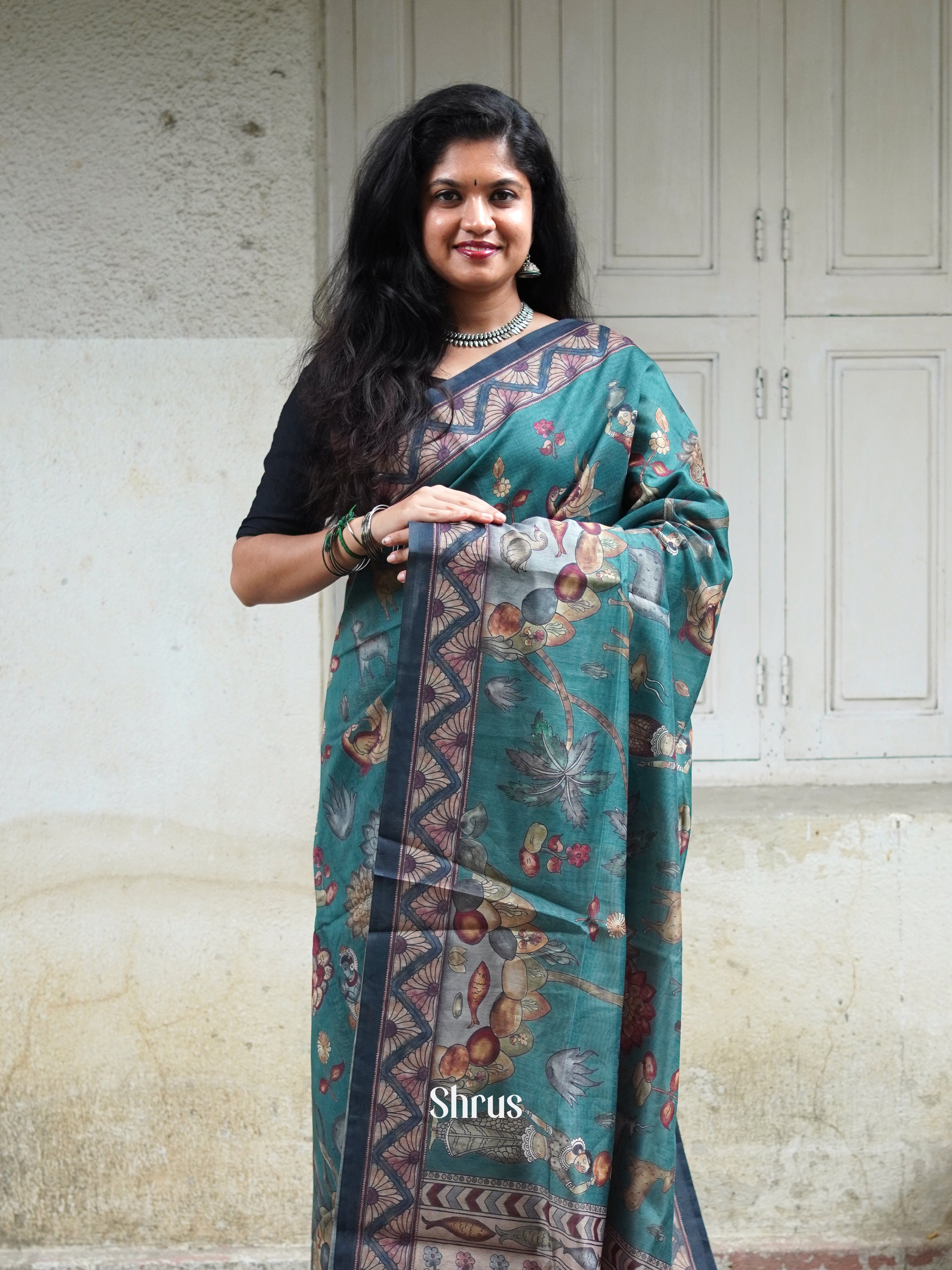 Blue & Grey - Semi Chanderi Saree - Shop on ShrusEternity.com