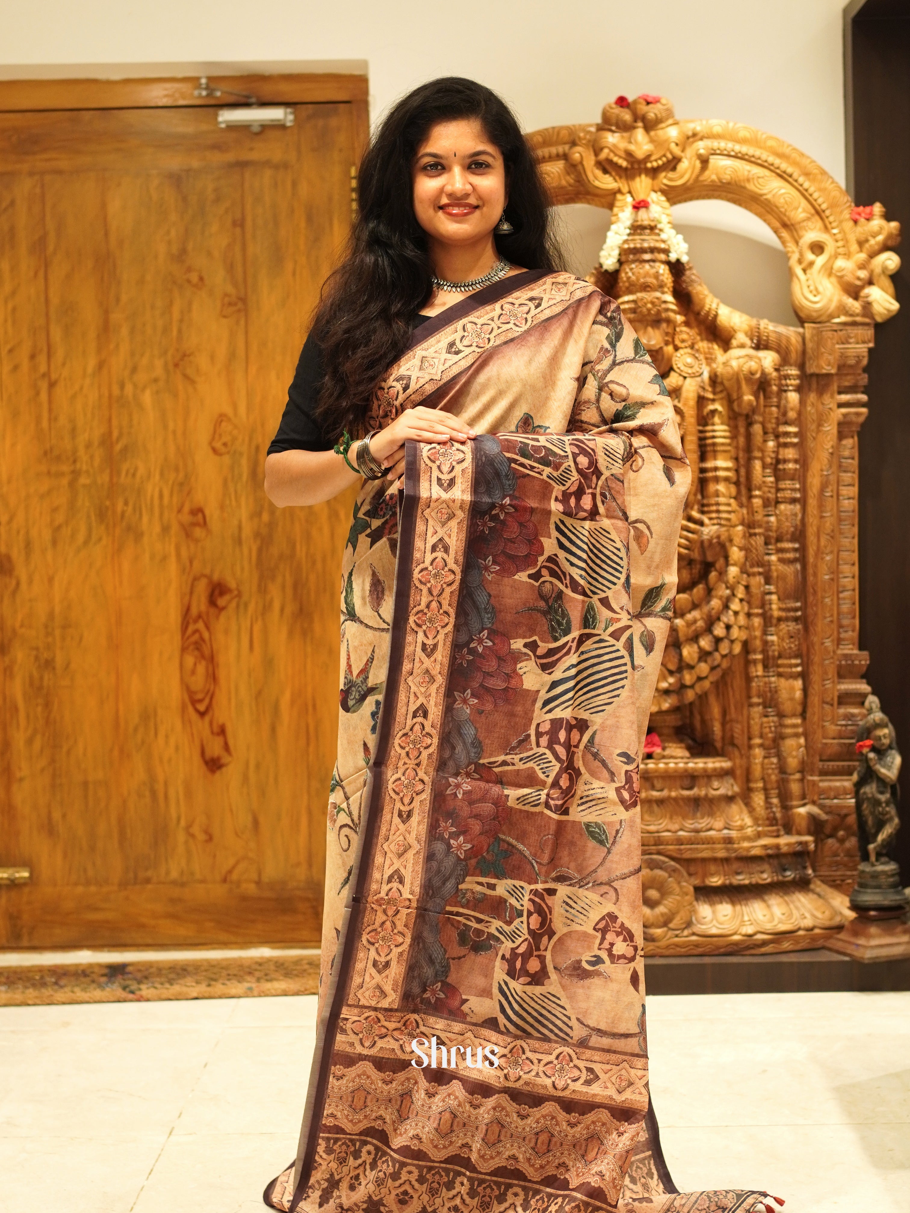 Orange & Brown - Semi Chanderi Saree - Shop on ShrusEternity.com