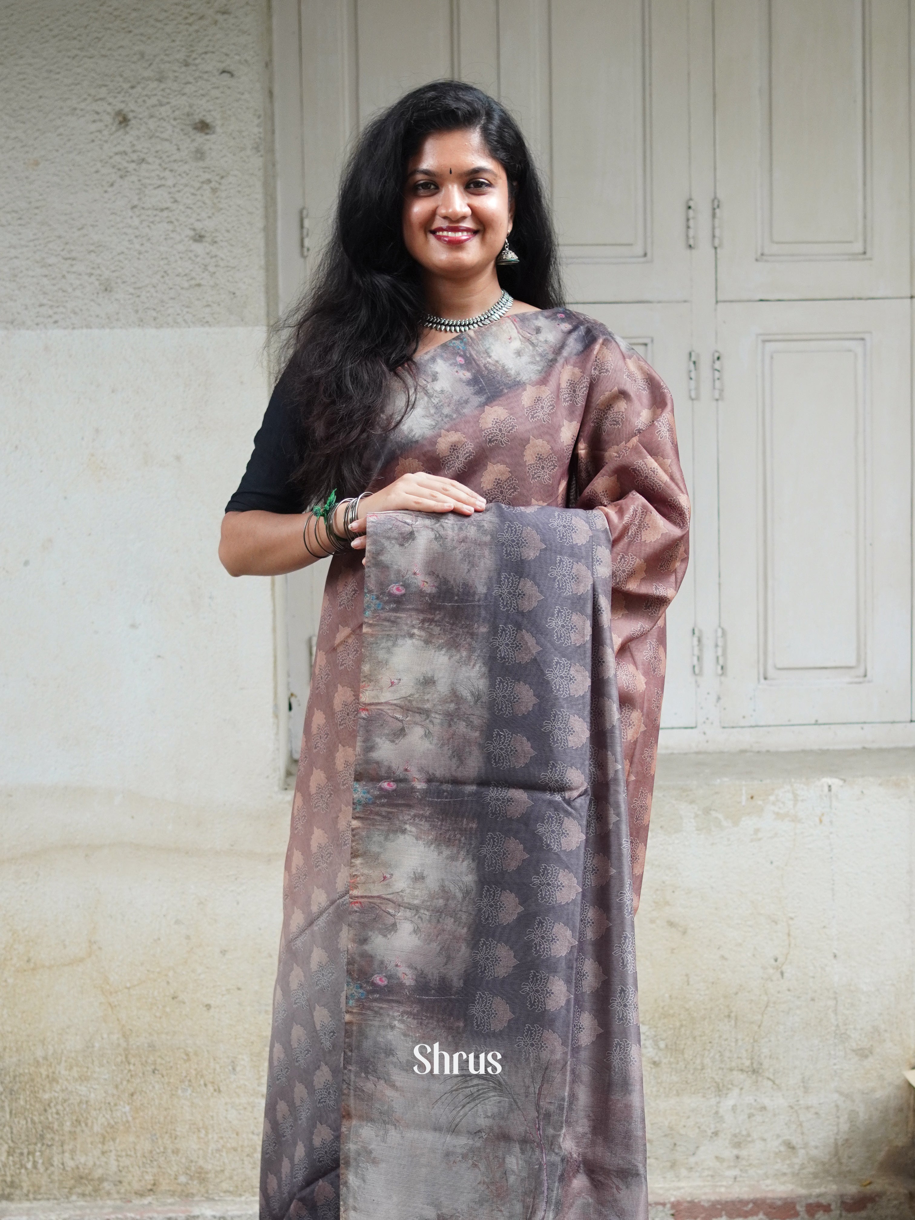 Brown & Grey - Semi Chanderi Saree - Shop on ShrusEternity.com