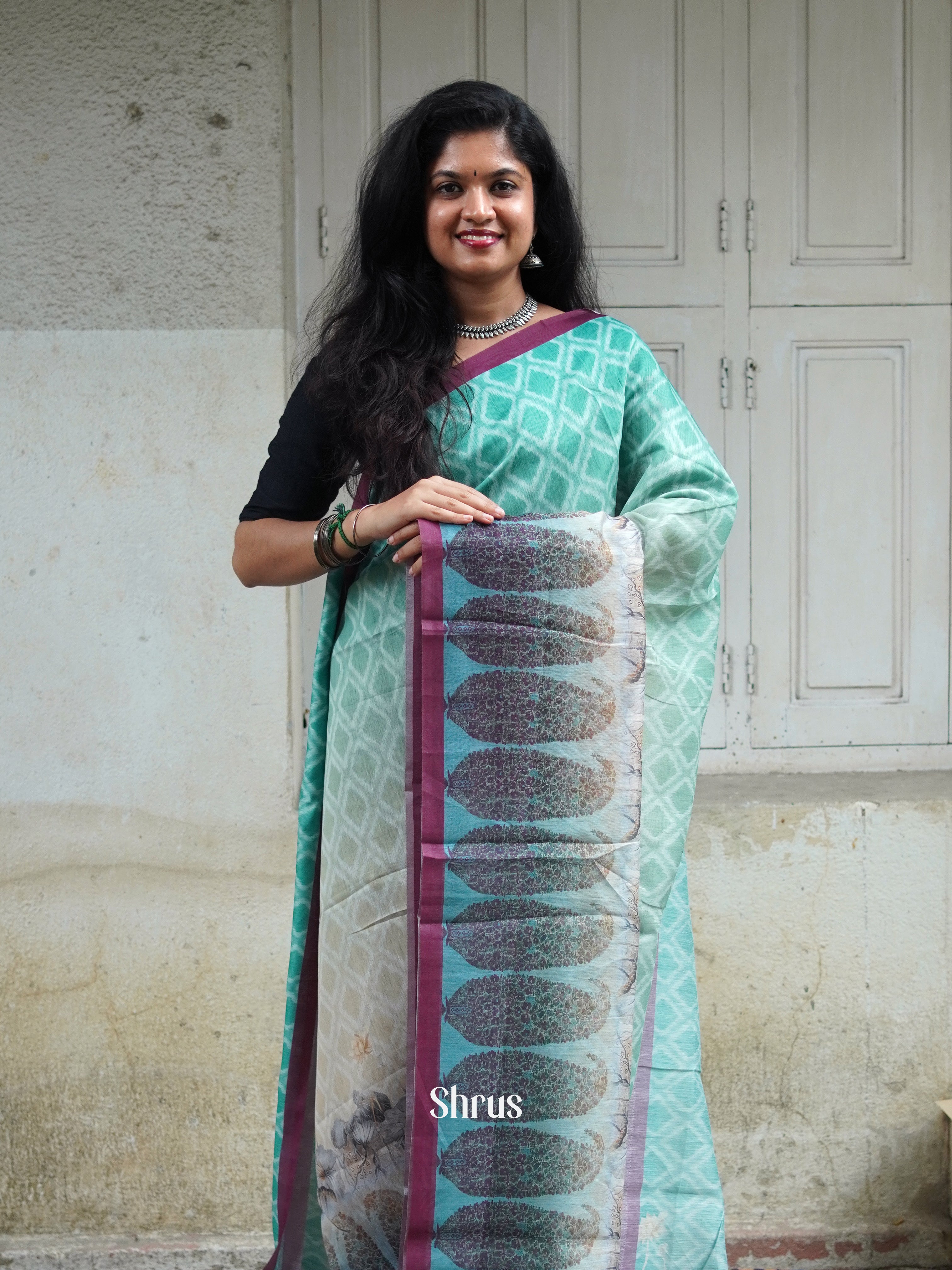 Green & Cream - Semi Chanderi Saree - Shop on ShrusEternity.com