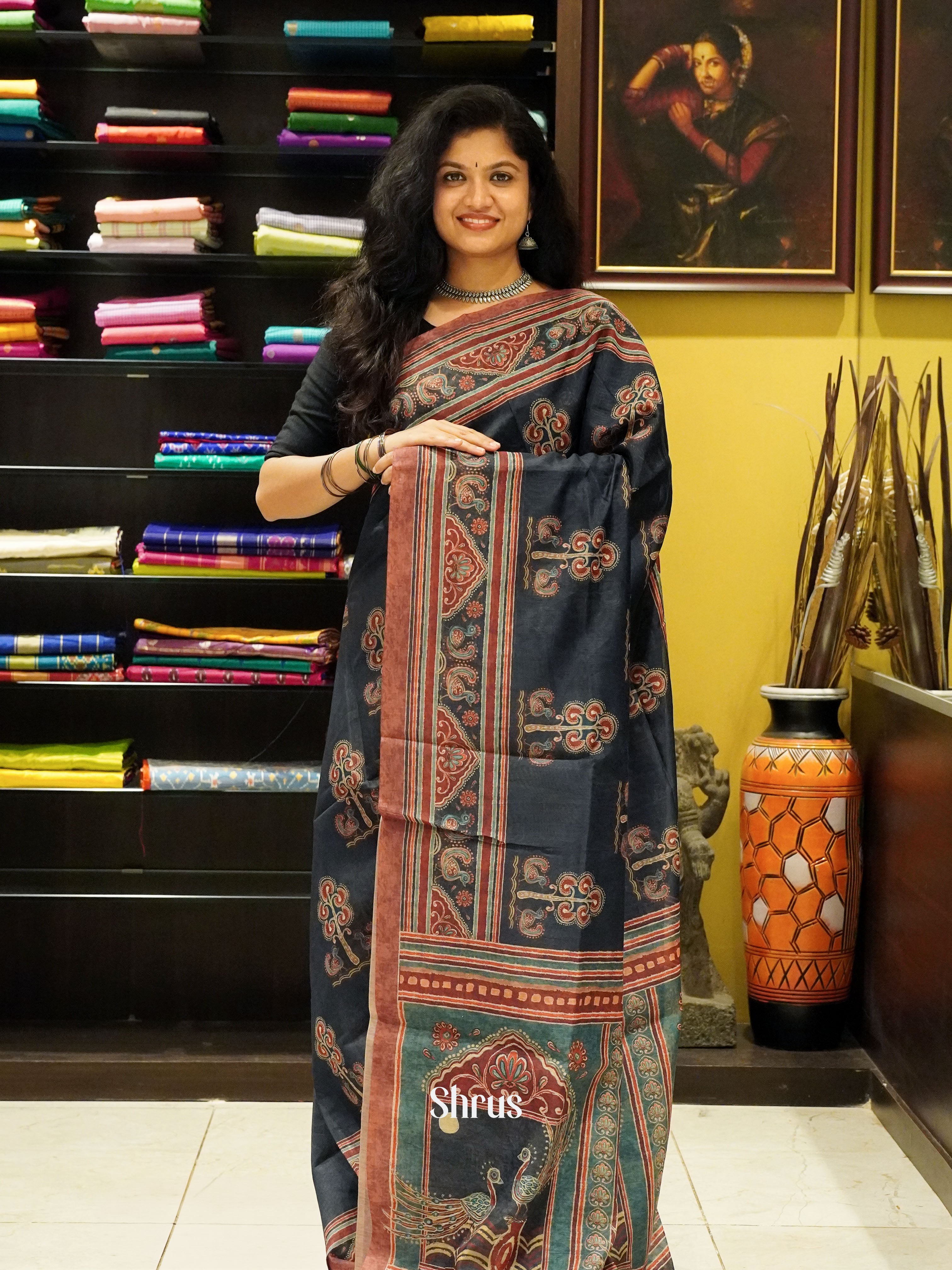 Black & Brown-Semi Chanderi - Shop on ShrusEternity.com