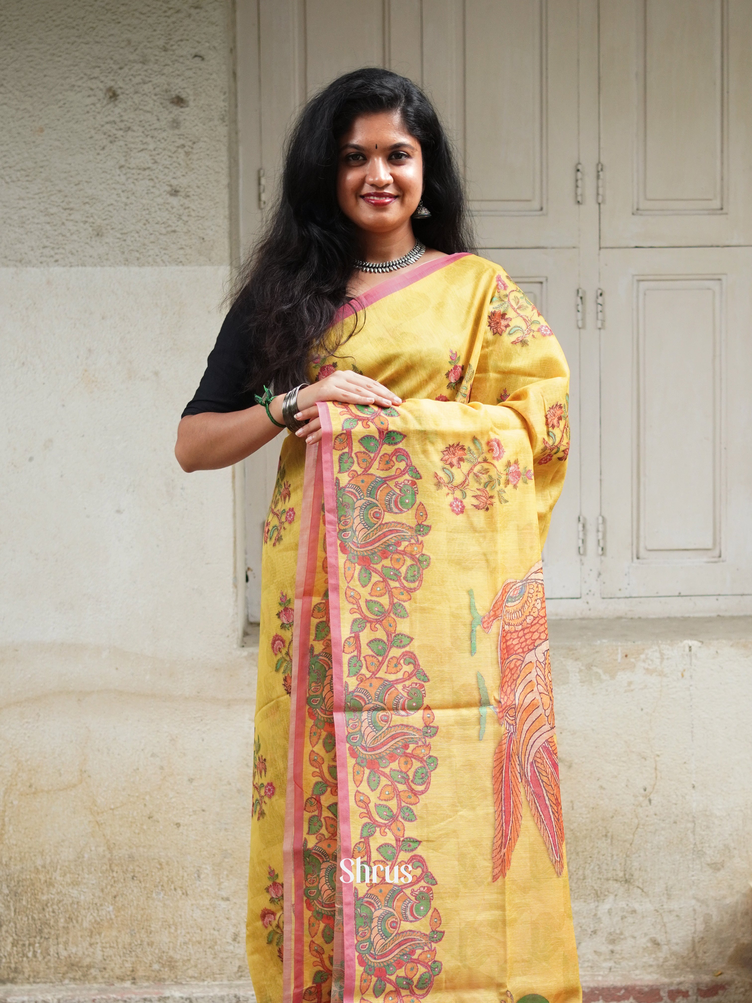 Yellow & Pink - Semi Chanderi Saree - Shop on ShrusEternity.com