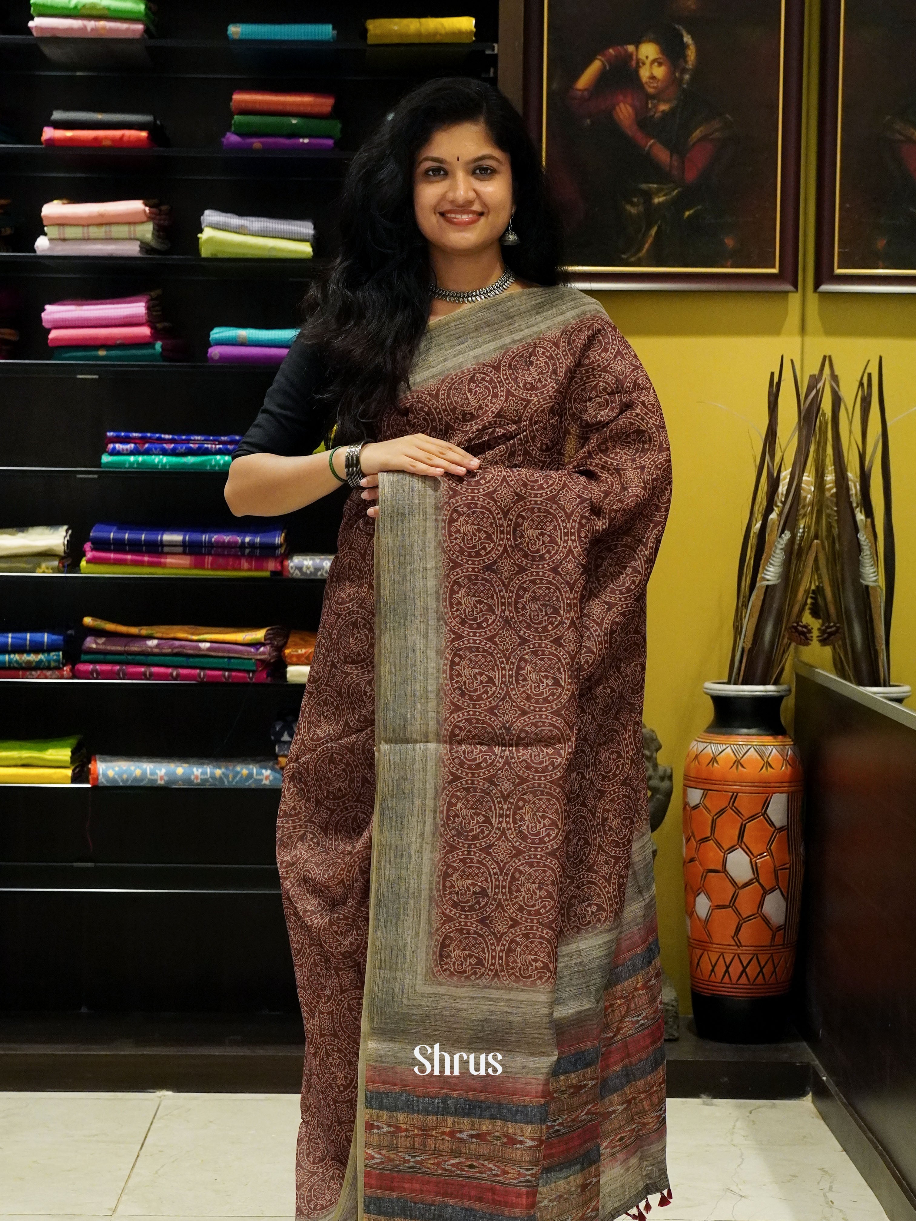 Brown & Grey -Semi Chanderi - Shop on ShrusEternity.com