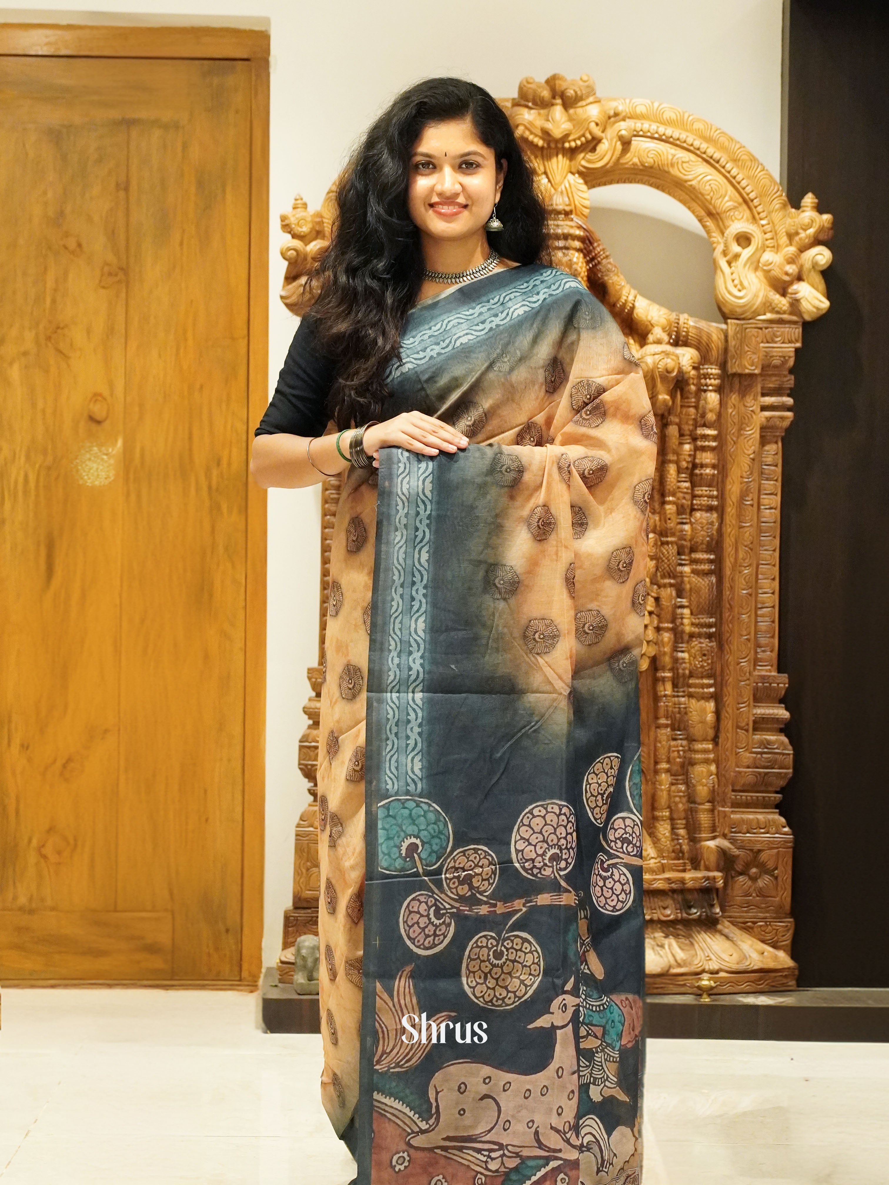Peach & Grey -Semi Chanderi - Shop on ShrusEternity.com