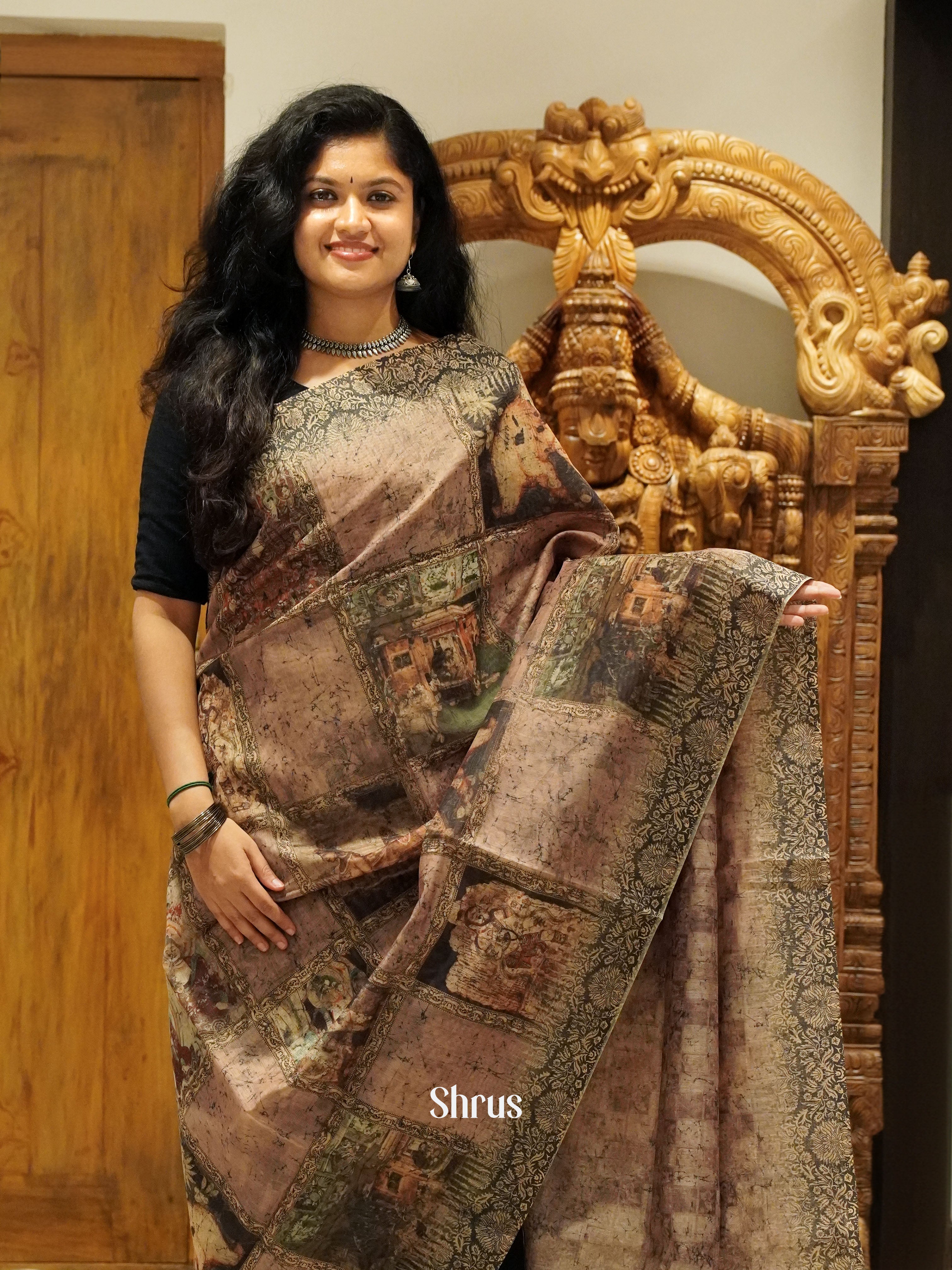 Brown & Black -Semi Chanderi - Shop on ShrusEternity.com