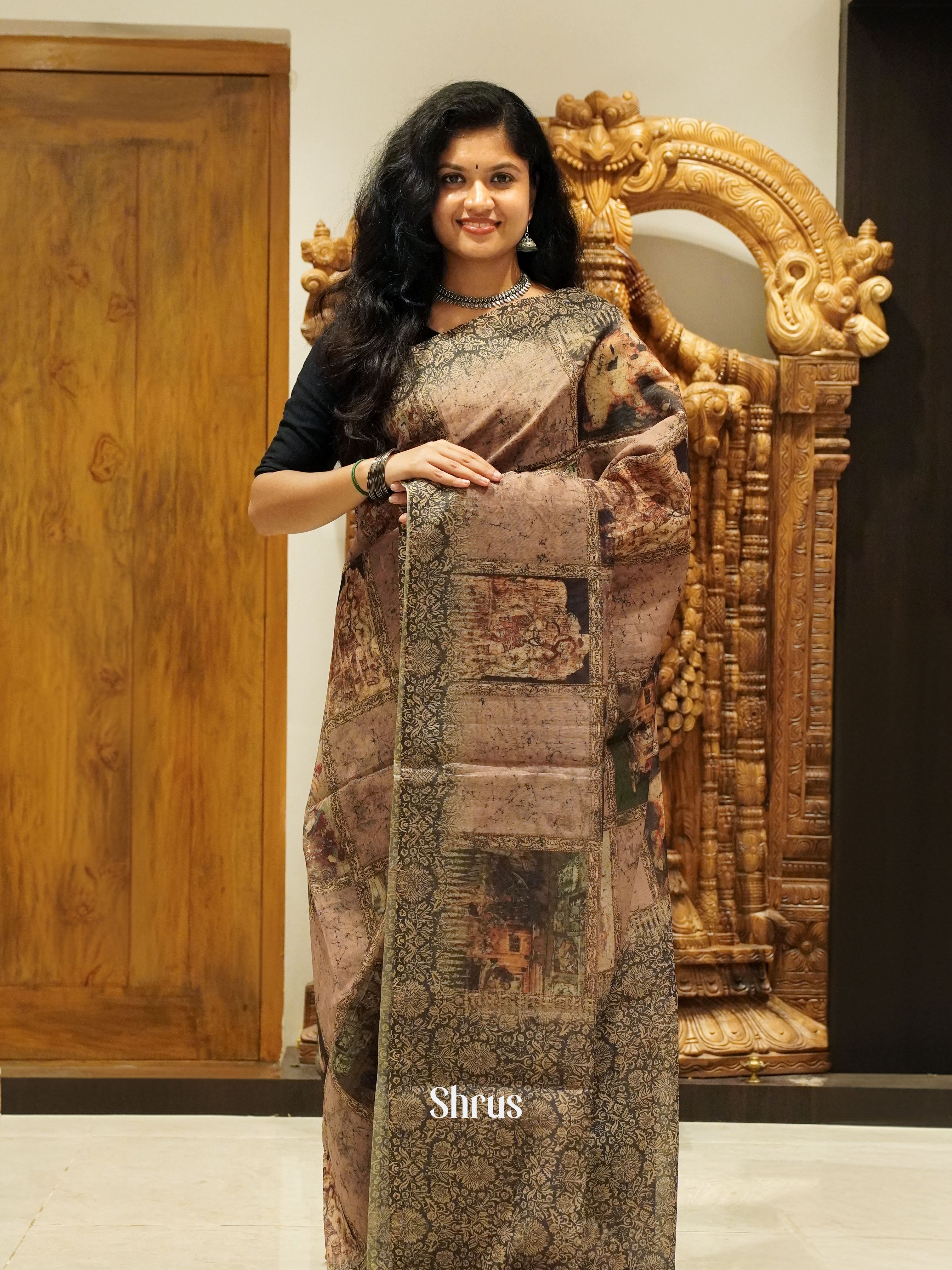 Brown & Black -Semi Chanderi - Shop on ShrusEternity.com