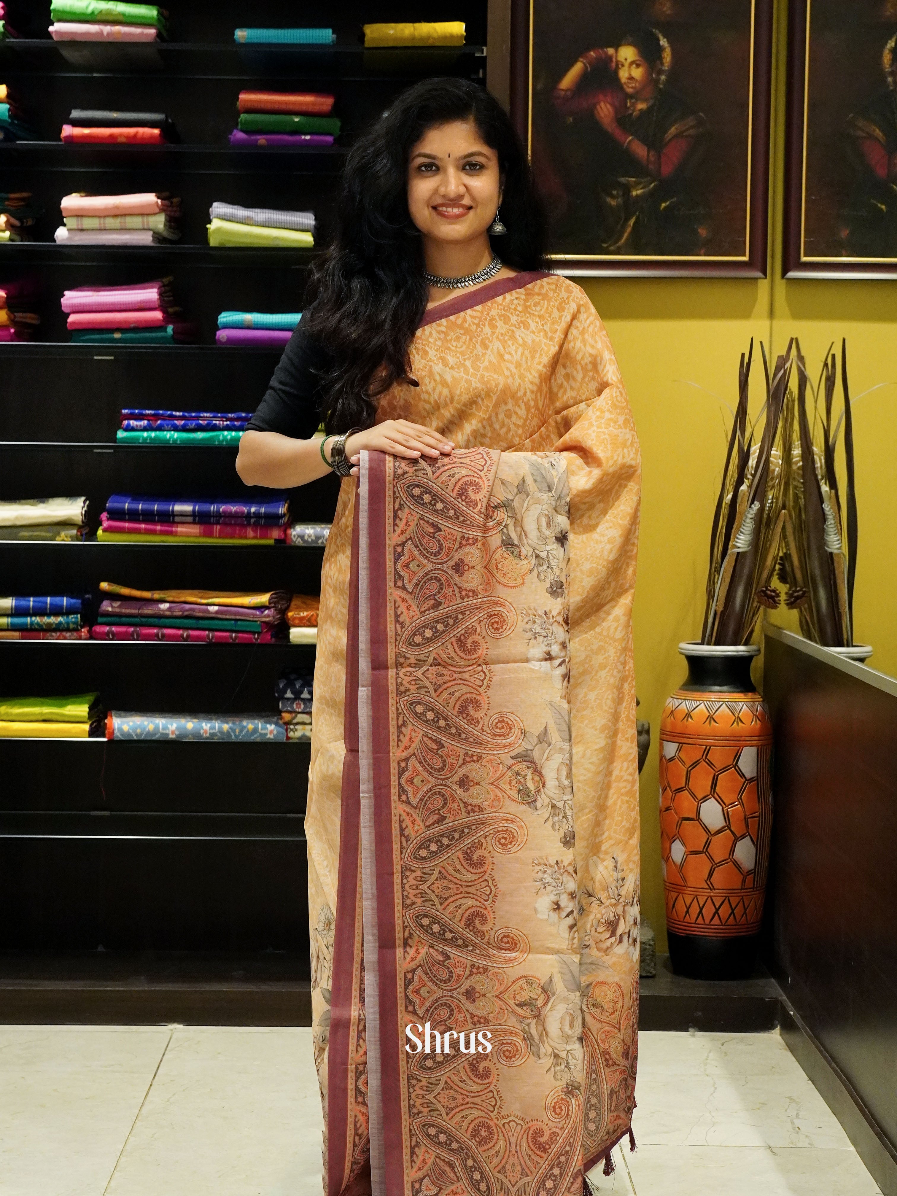 Orange & Brown -Semi Chanderi - Shop on ShrusEternity.com
