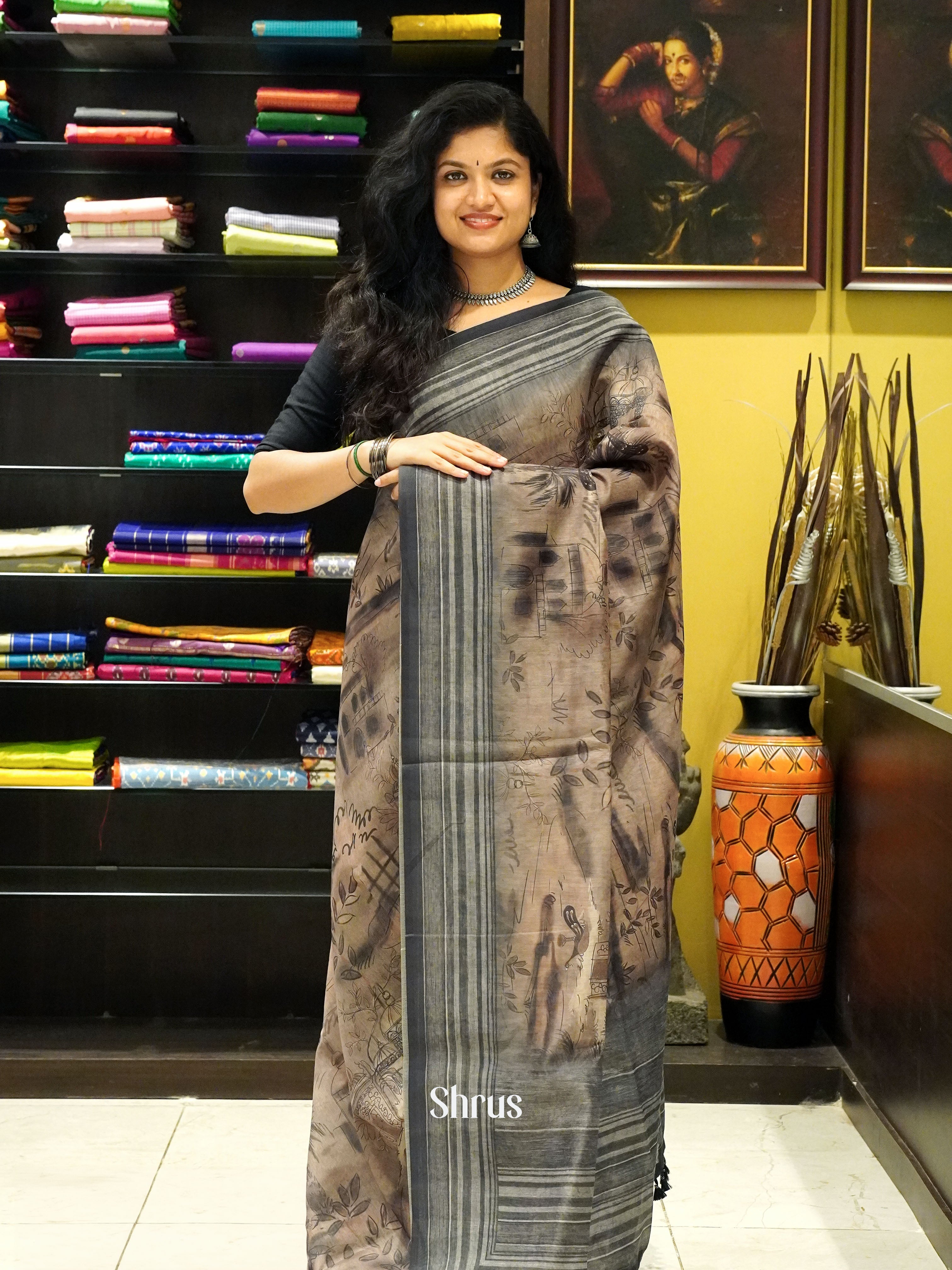 Brown & Grey - Semi Chanderi Saree - Shop on ShrusEternity.com