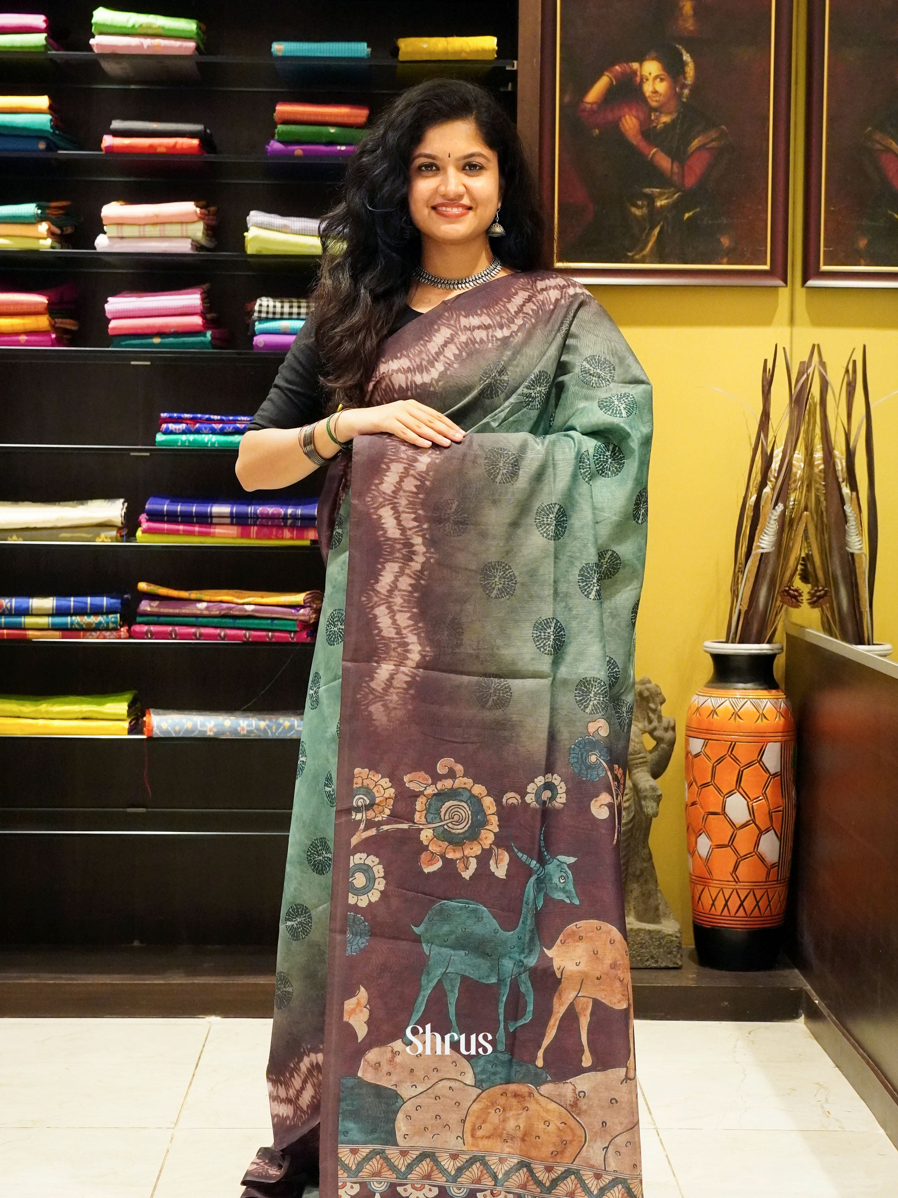 Green & Wine - Semi Chanderi Saree - Shop on ShrusEternity.com