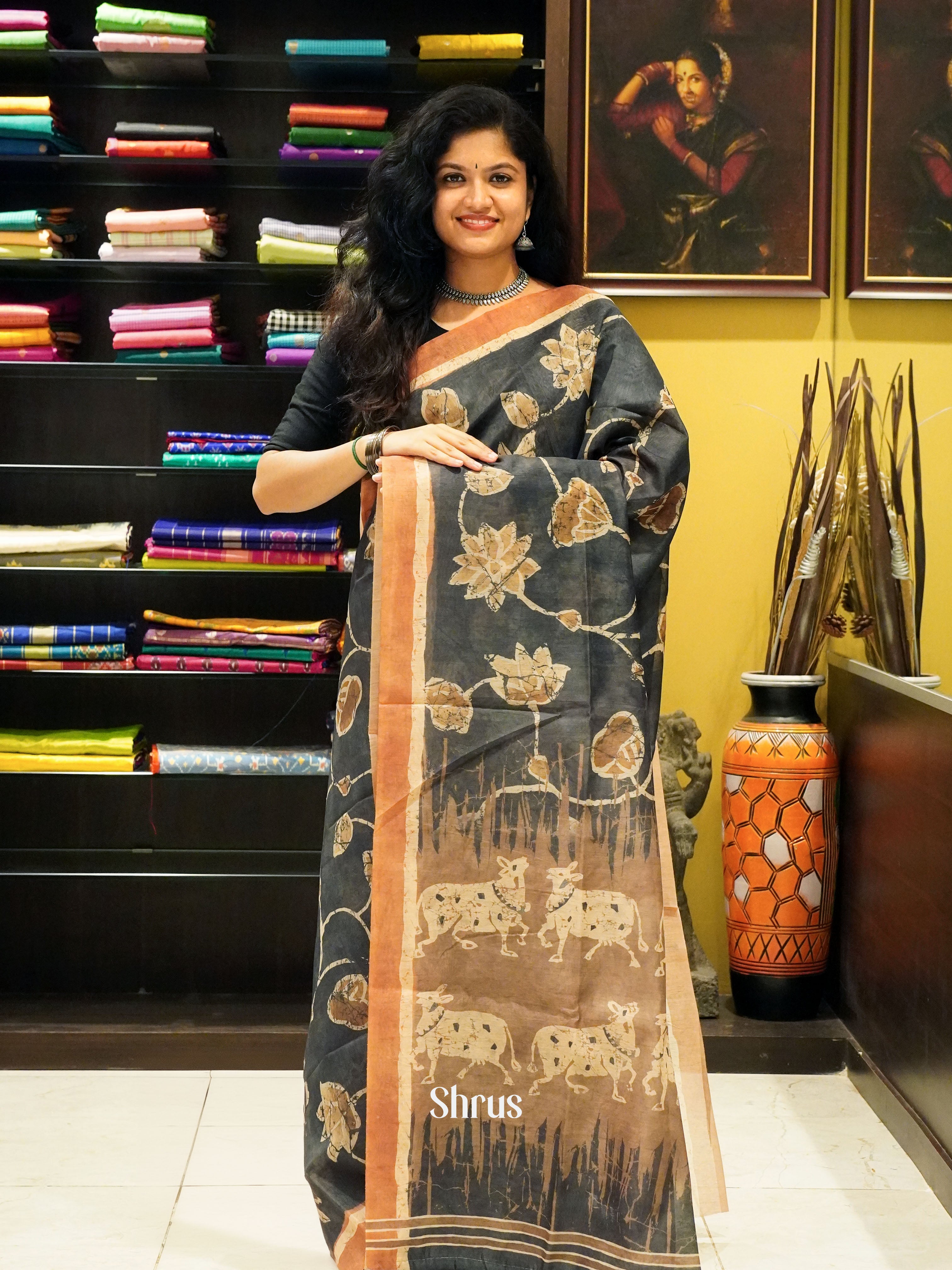 Grey & Brown - Semi Chanderi Saree - Shop on ShrusEternity.com