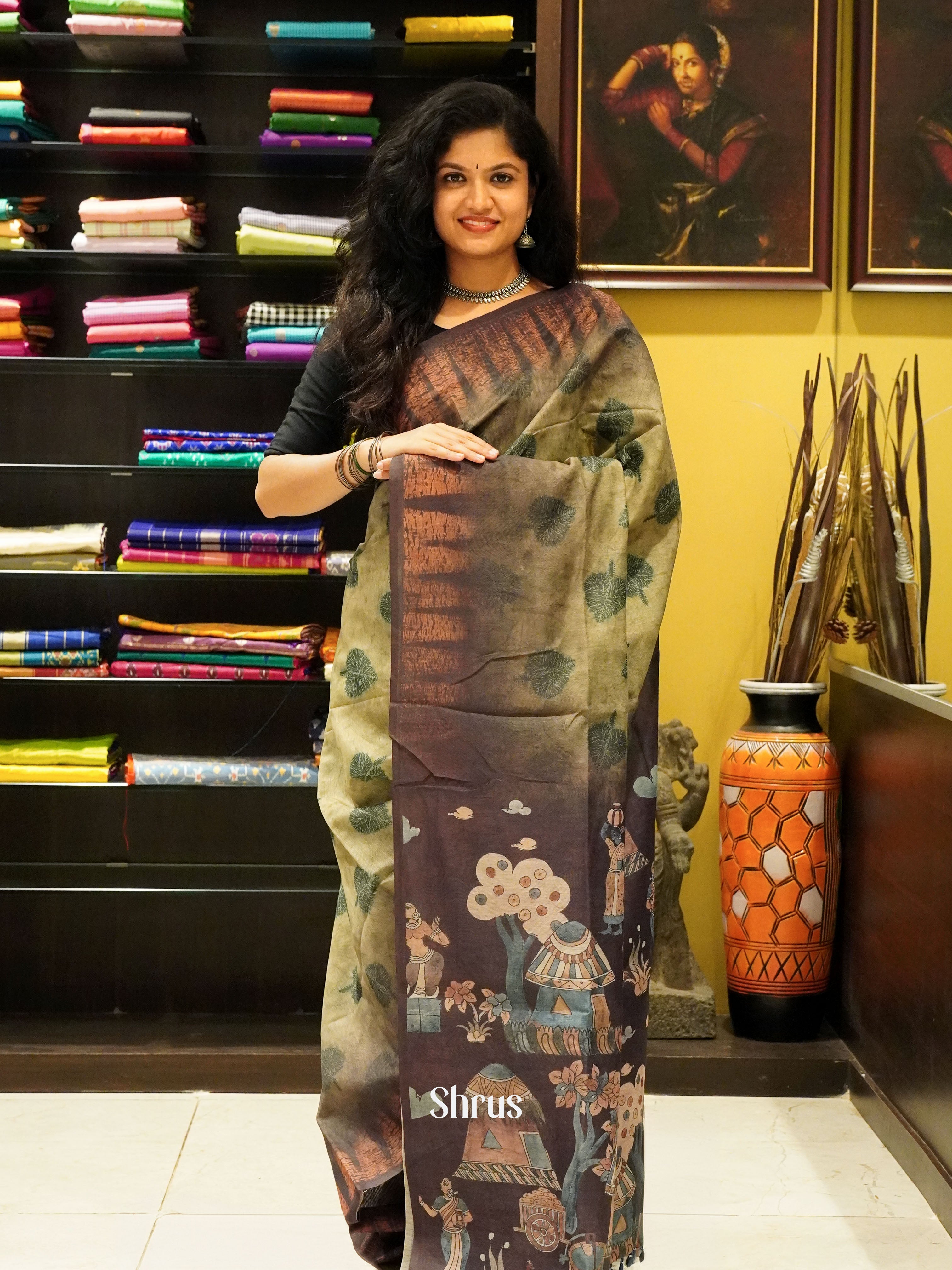 Green & Brown - Semi Chanderi Saree - Shop on ShrusEternity.com