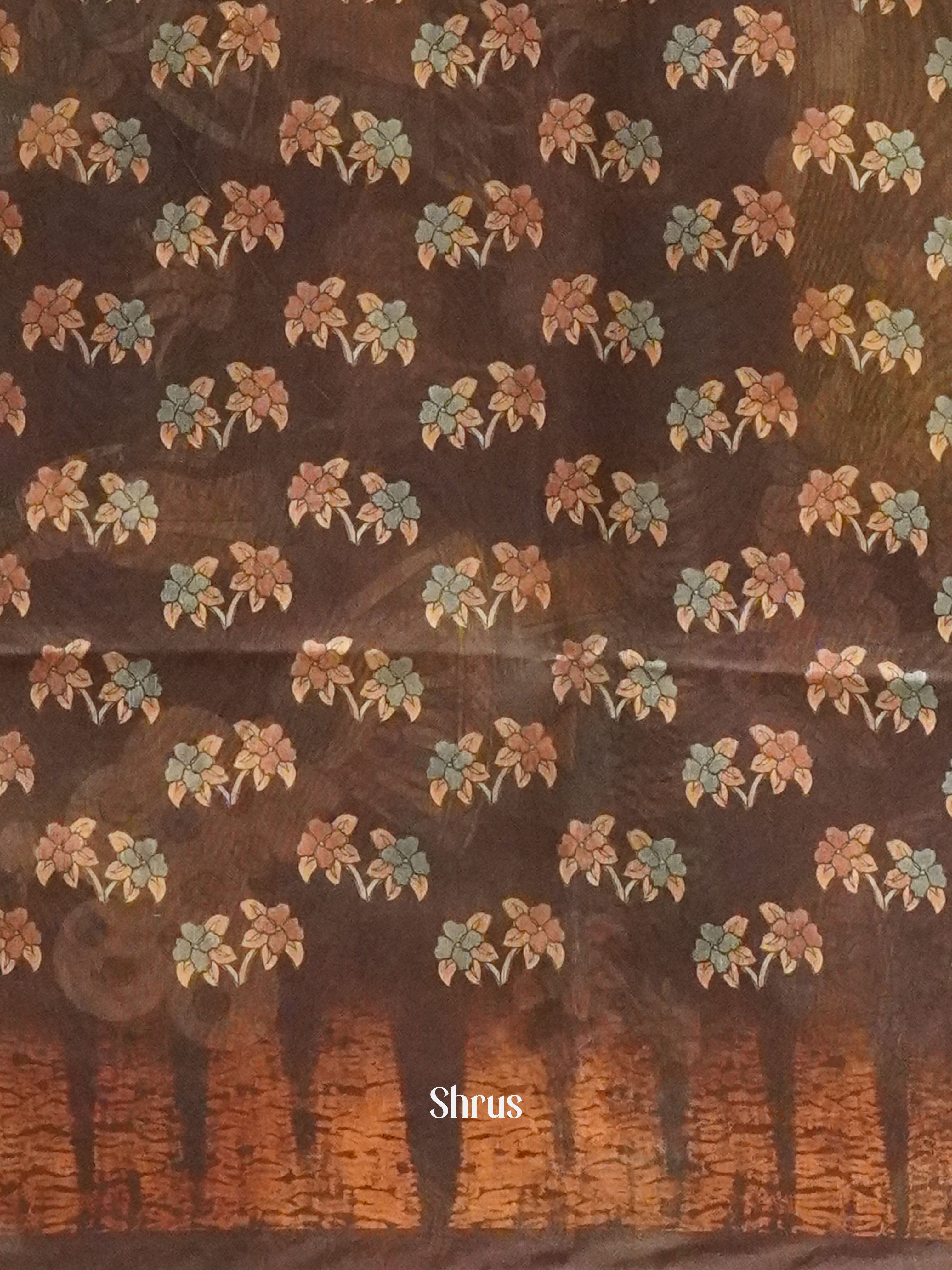 Green & Brown - Semi Chanderi Saree - Shop on ShrusEternity.com
