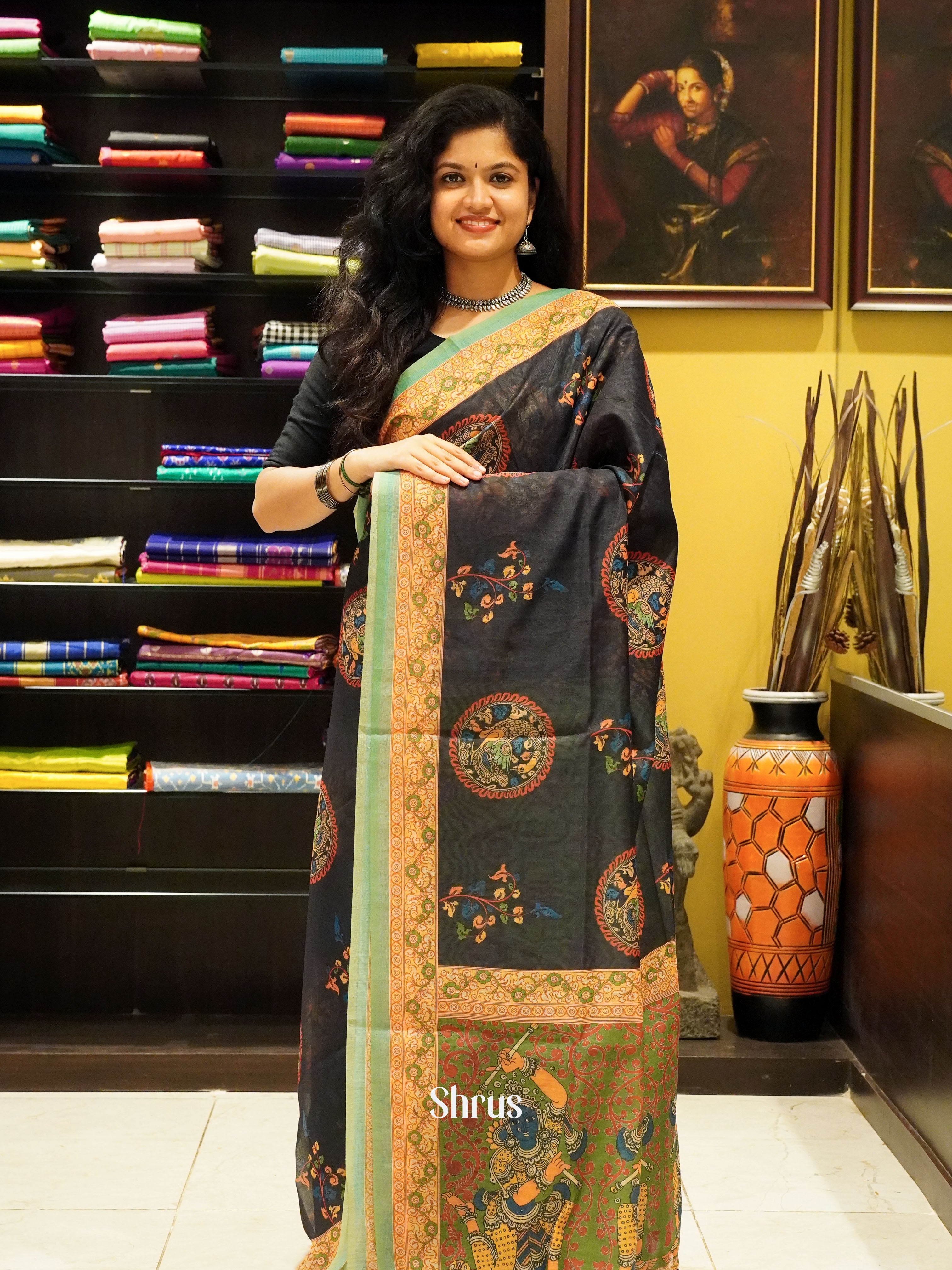 Blue & Green - Semi Chanderi Saree - Shop on ShrusEternity.com