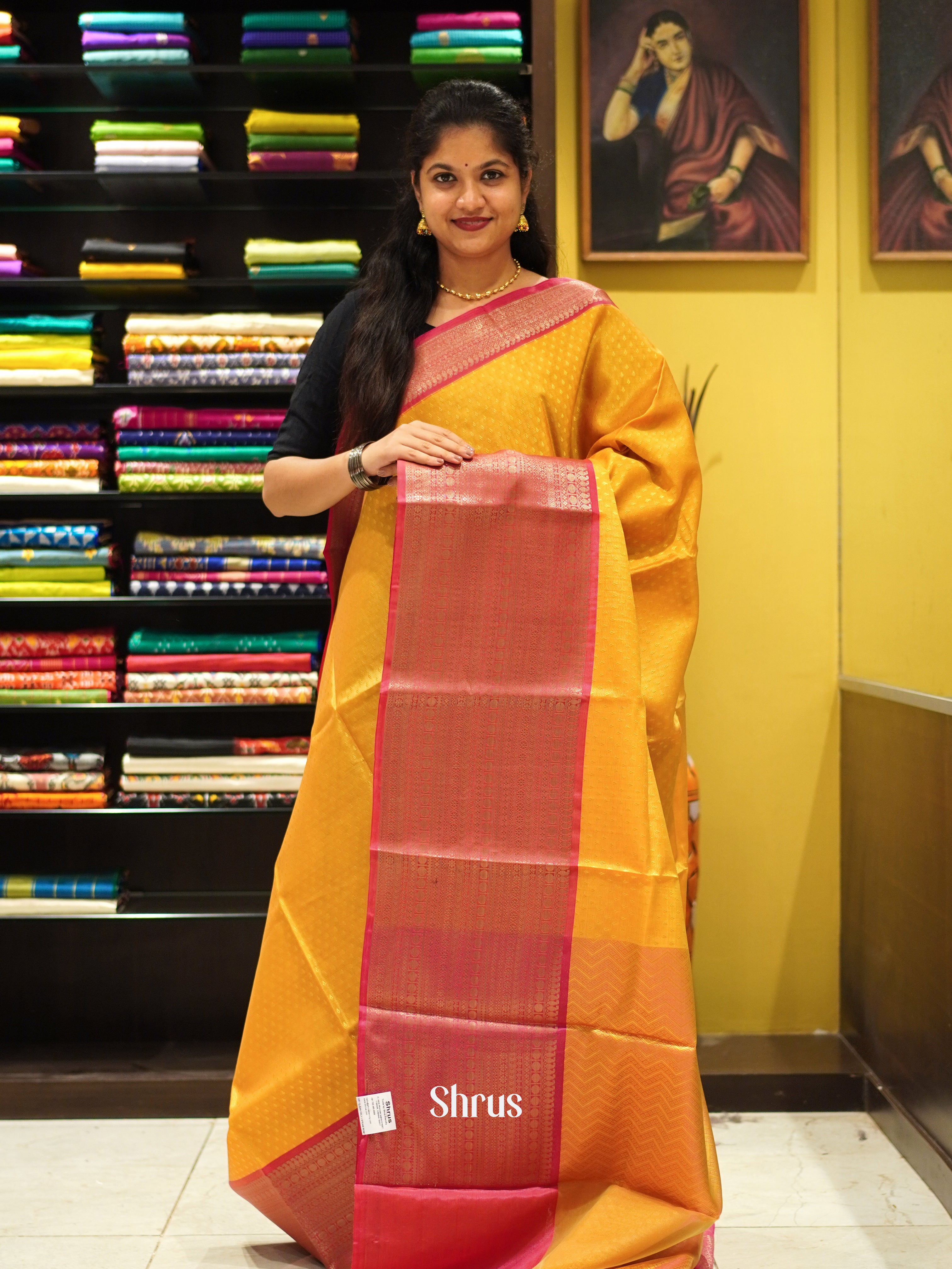 Yellow & Pink - Tanchoi Semi Silk Saree - Shop on ShrusEternity.com