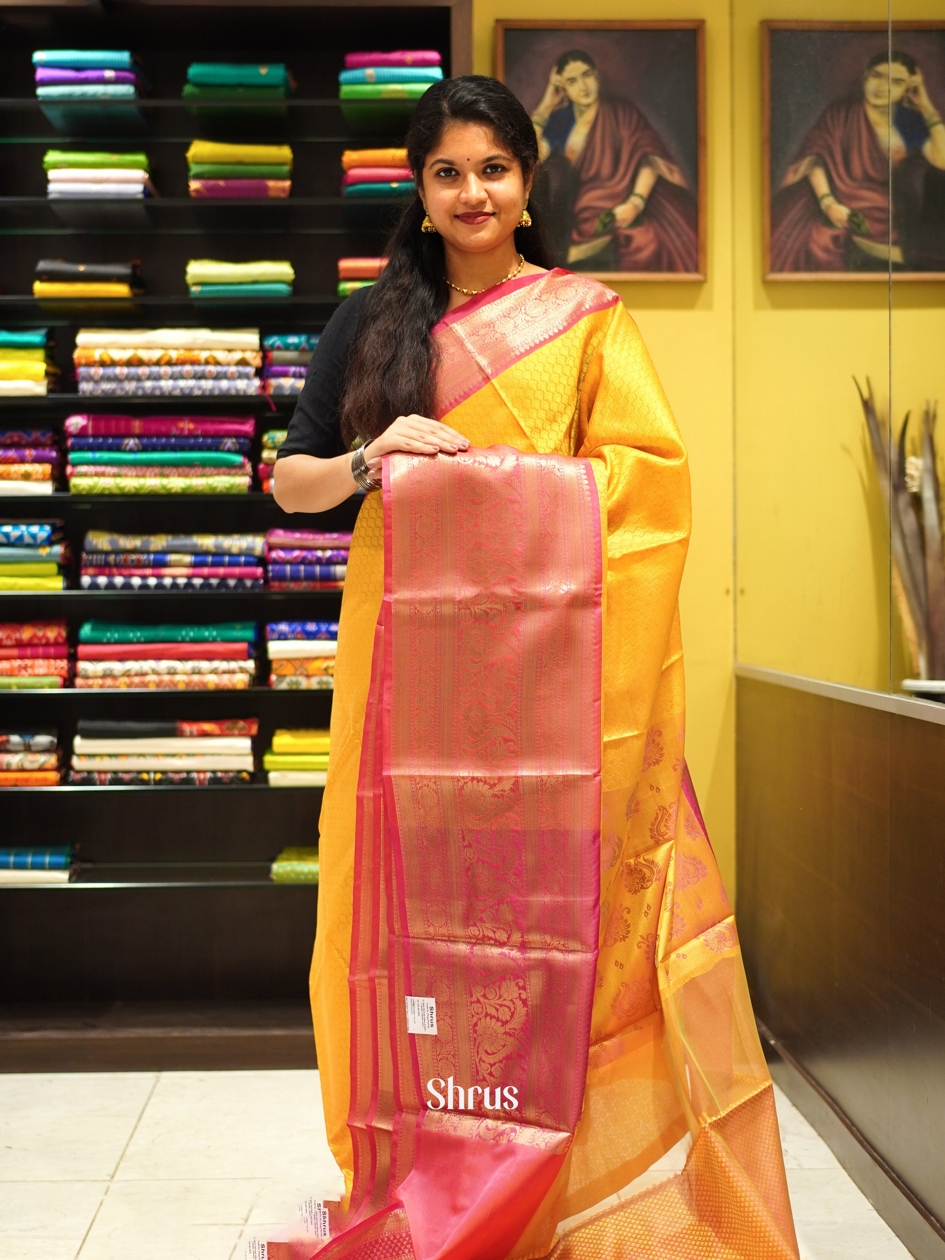 Yellow & Pink - Tanchoi Semi Silk Saree - Shop on ShrusEternity.com