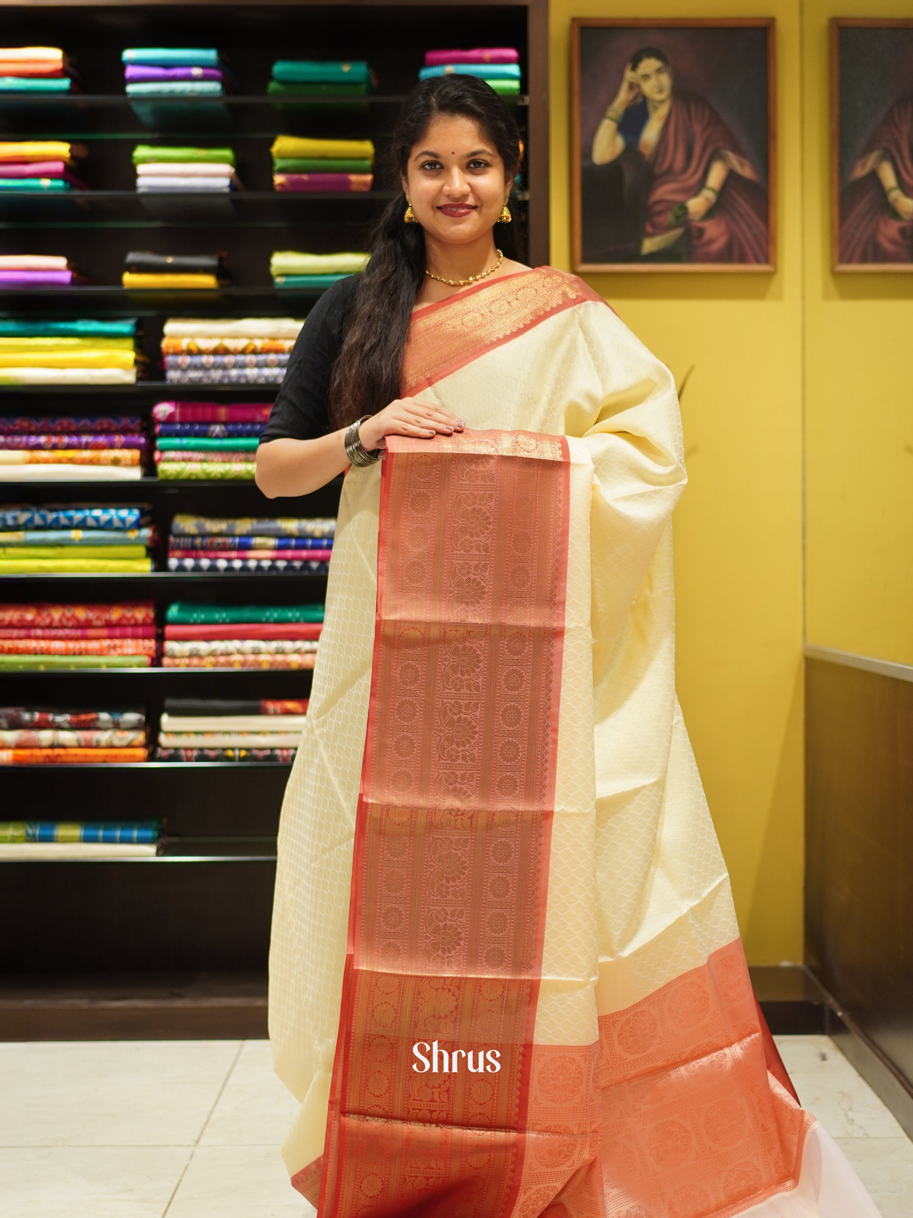 Cream & Red - Tanchoi Semi Silk Saree - Shop on ShrusEternity.com