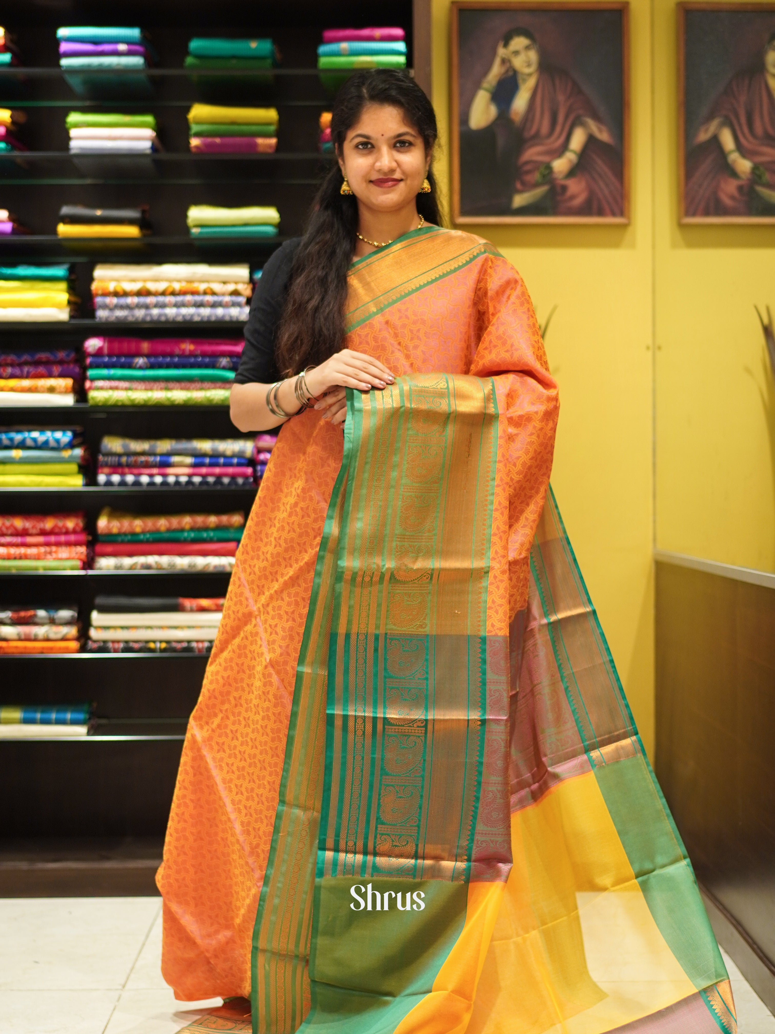 Orange & Green - Tanchoi Semi Silk Saree - Shop on ShrusEternity.com