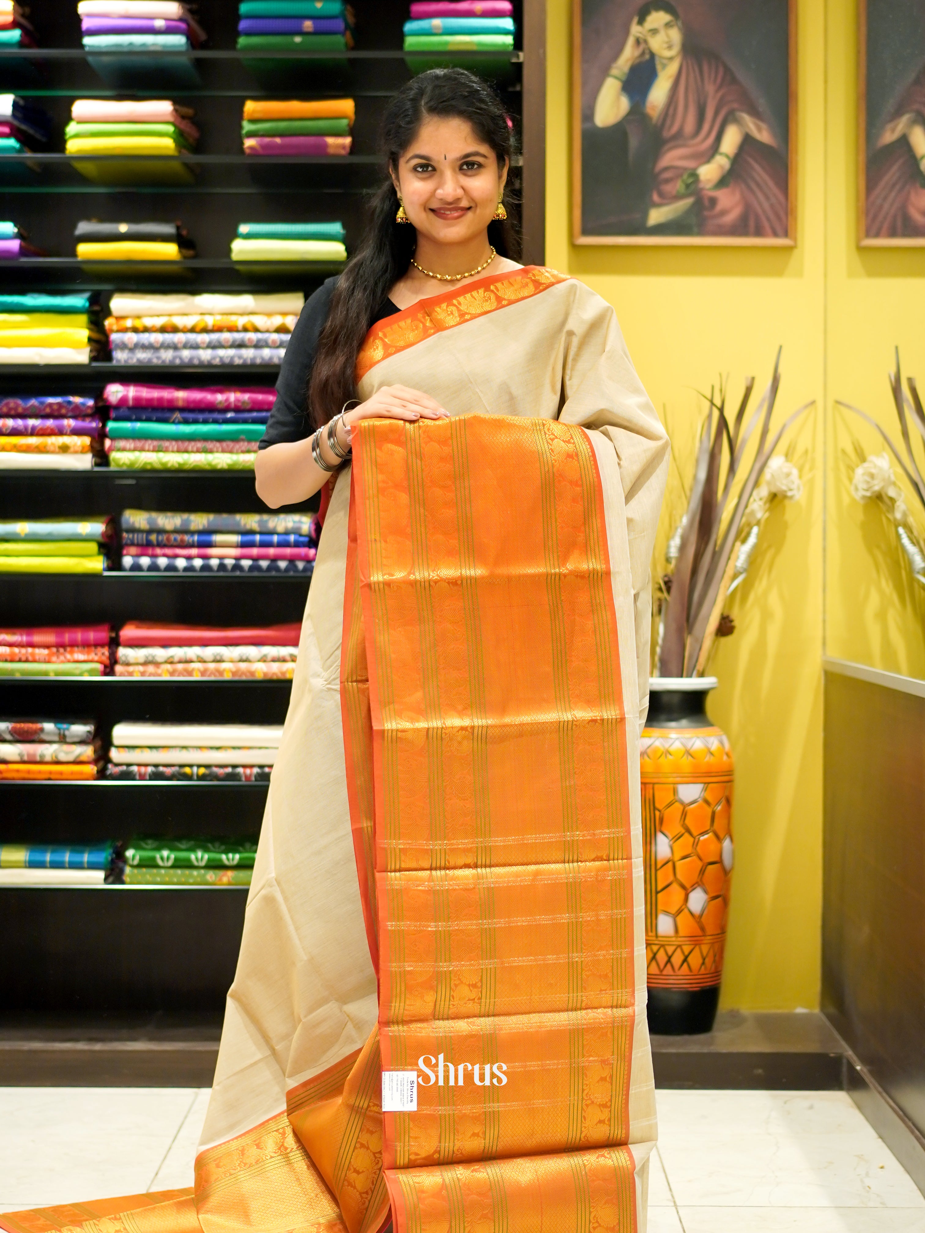 Beige & Orange - Narayanpet Cotton - Shop on ShrusEternity.com