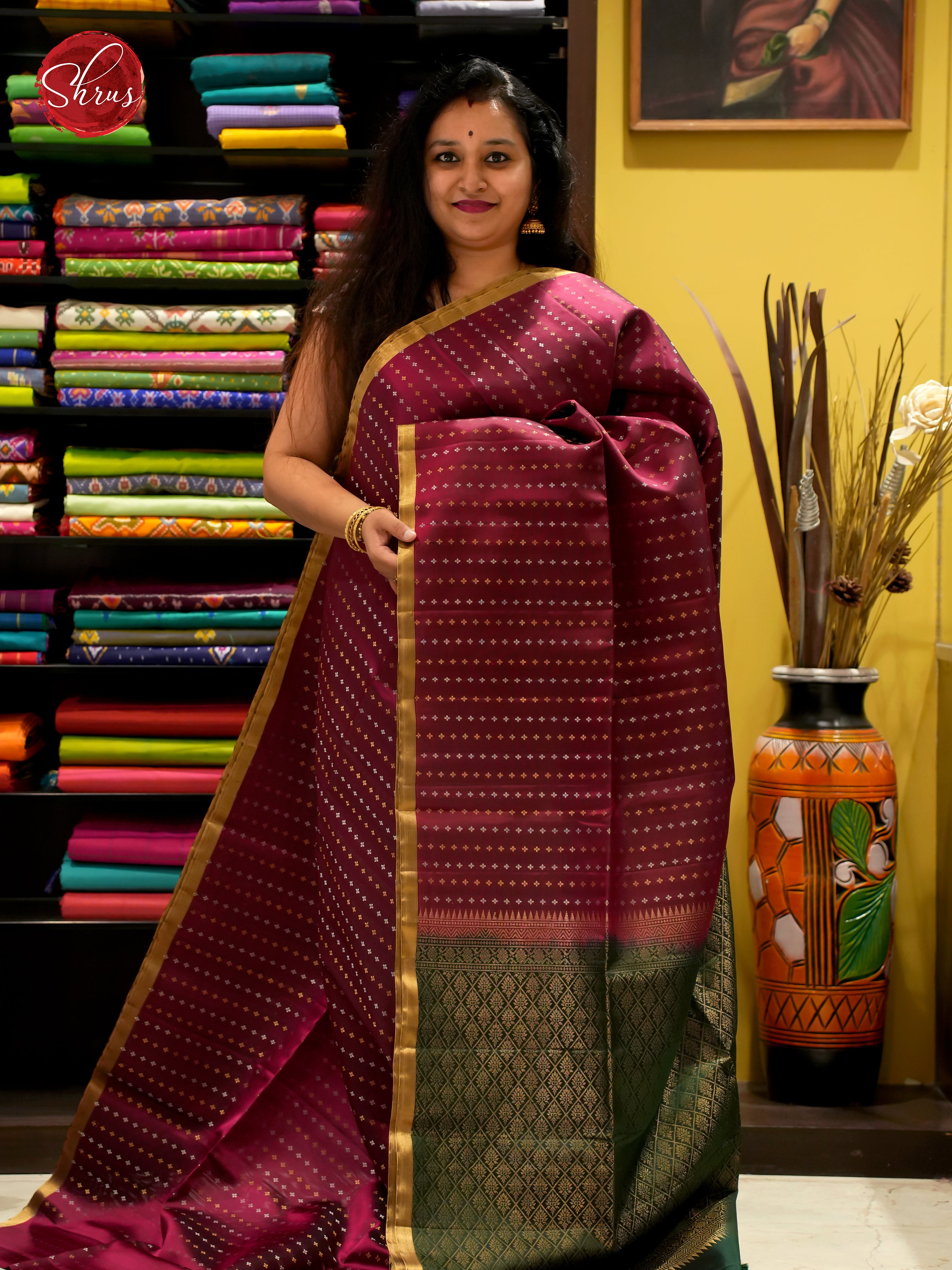 Maroon And Green - Soft Silk Saree - Shop on ShrusEternity.com