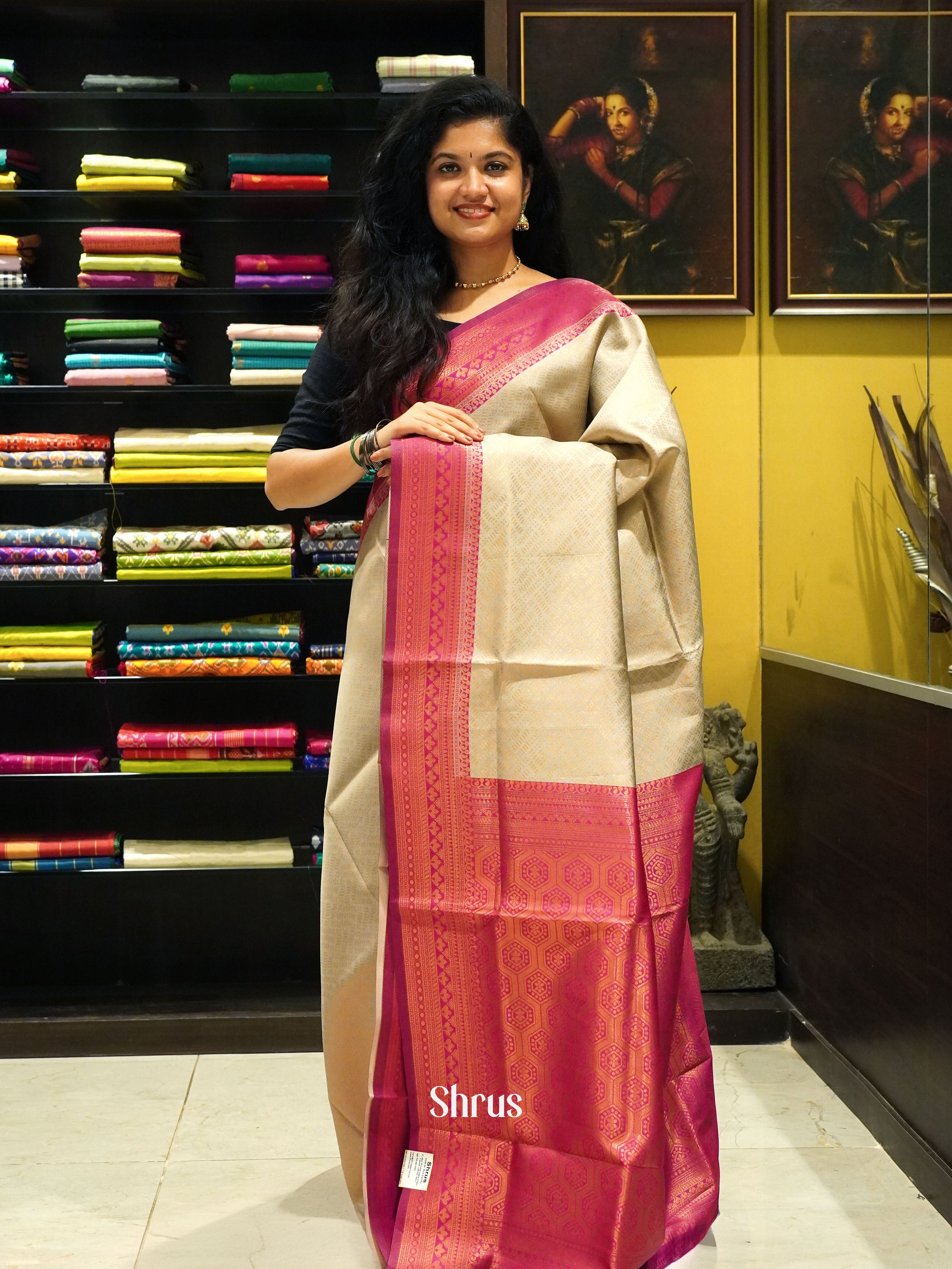 Grey & Pink - Semi Kanchipuram Saree - Shop on ShrusEternity.com