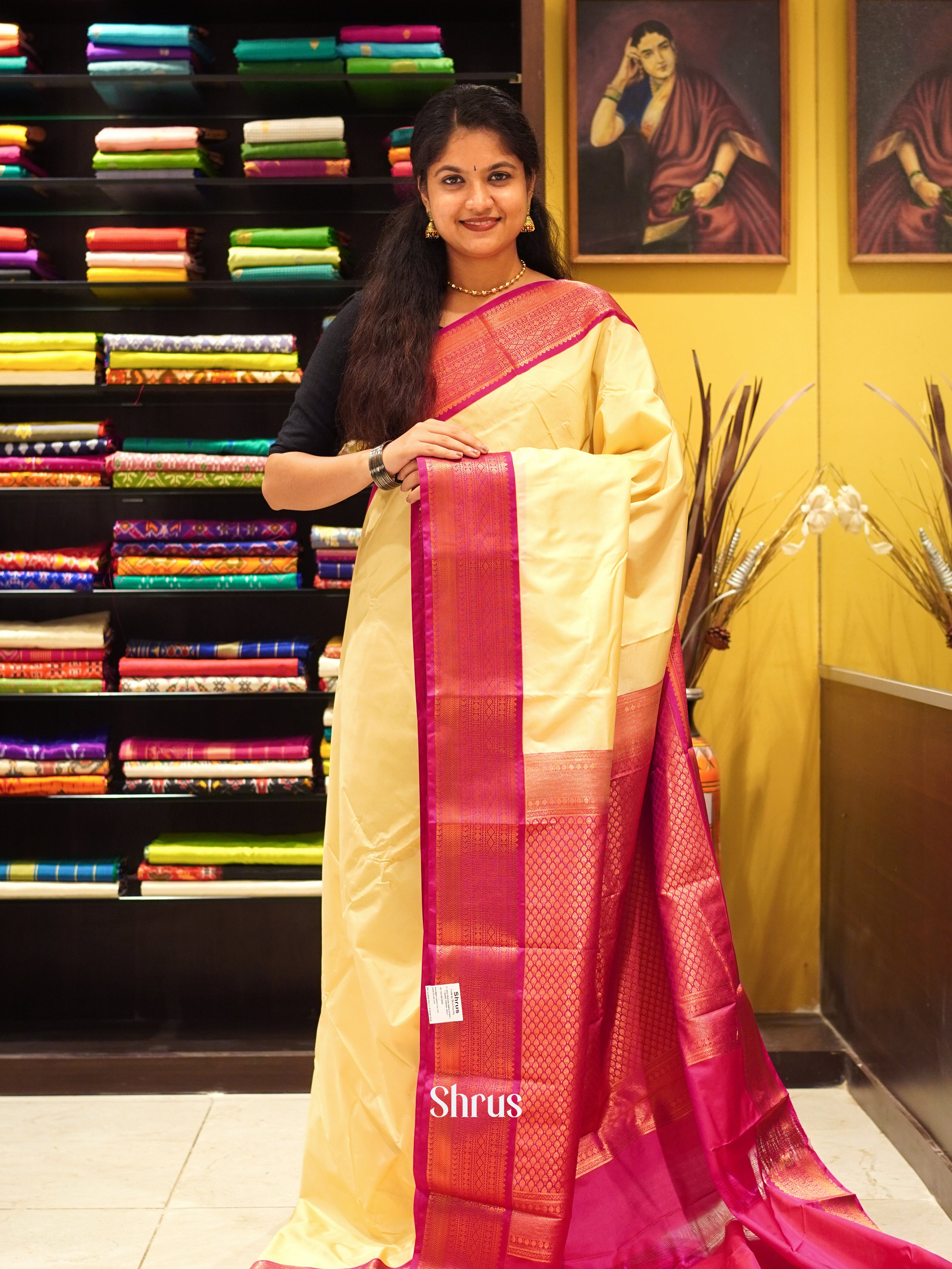 Mild Yellow & Pink - Semi Kanchipuram - Shop on ShrusEternity.com