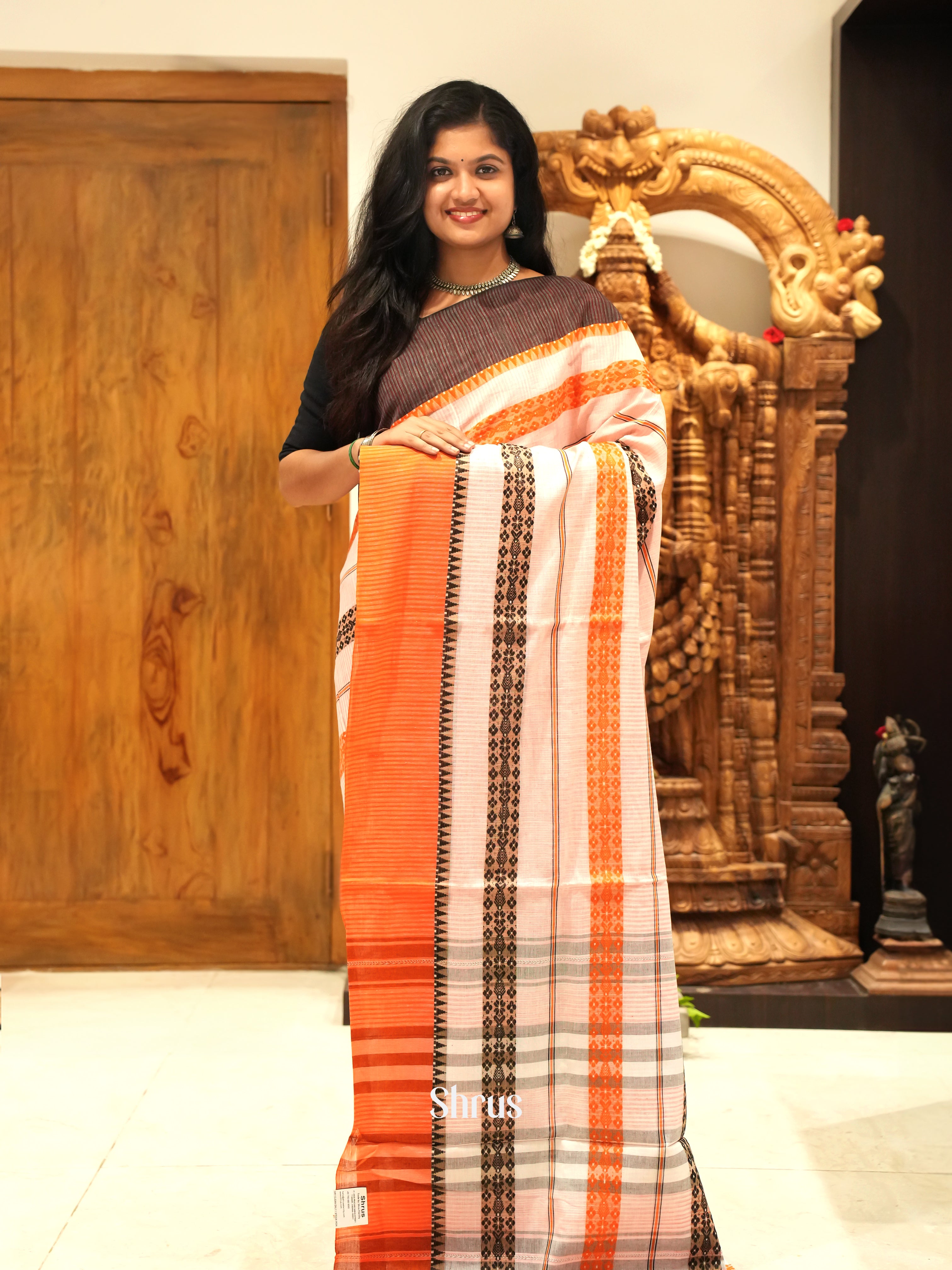 White & Orange - Mercerized cotton Saree - Shop on ShrusEternity.com
