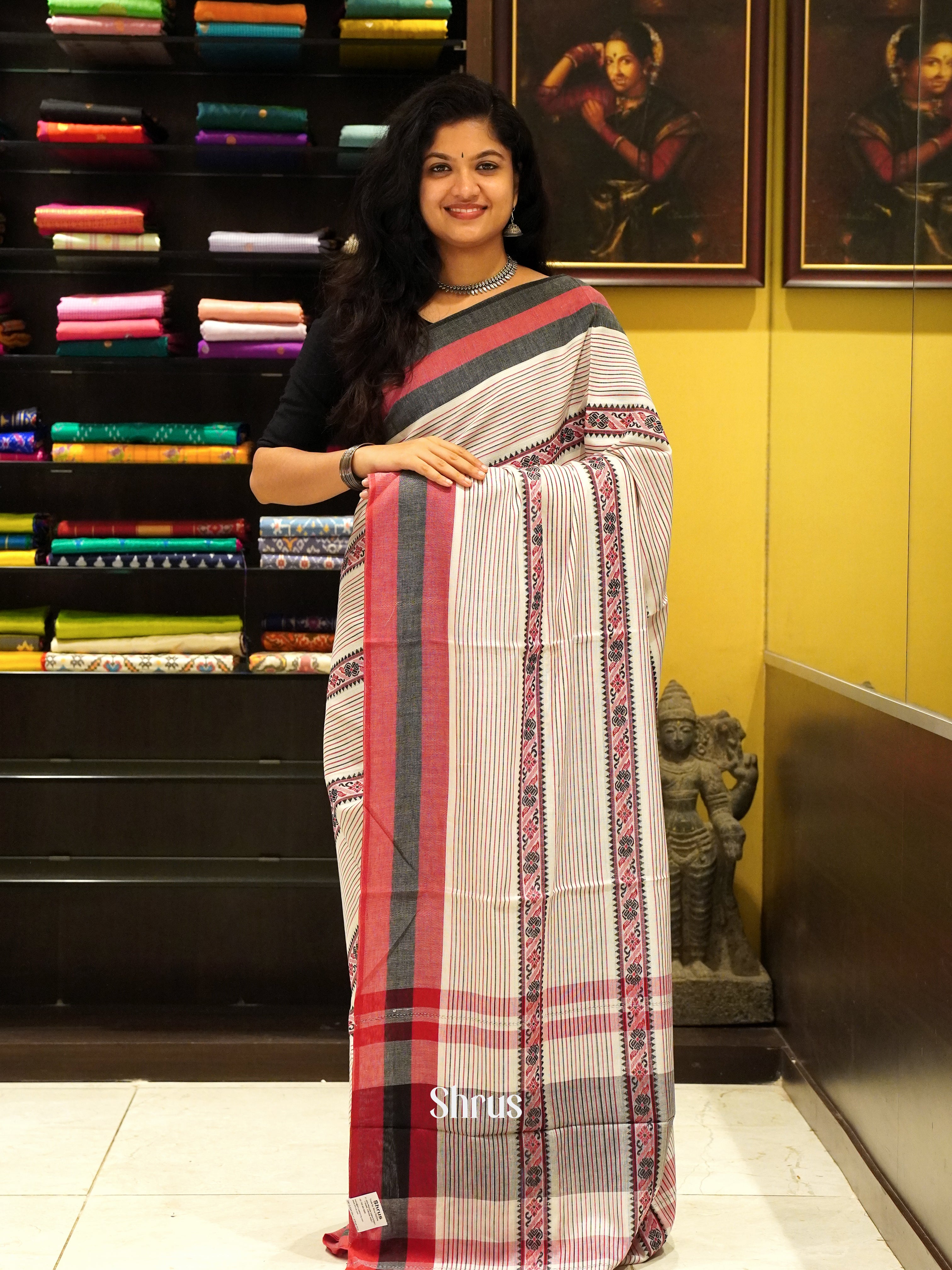 Cream & Red- Mercerized cotton Saree - Shop on ShrusEternity.com