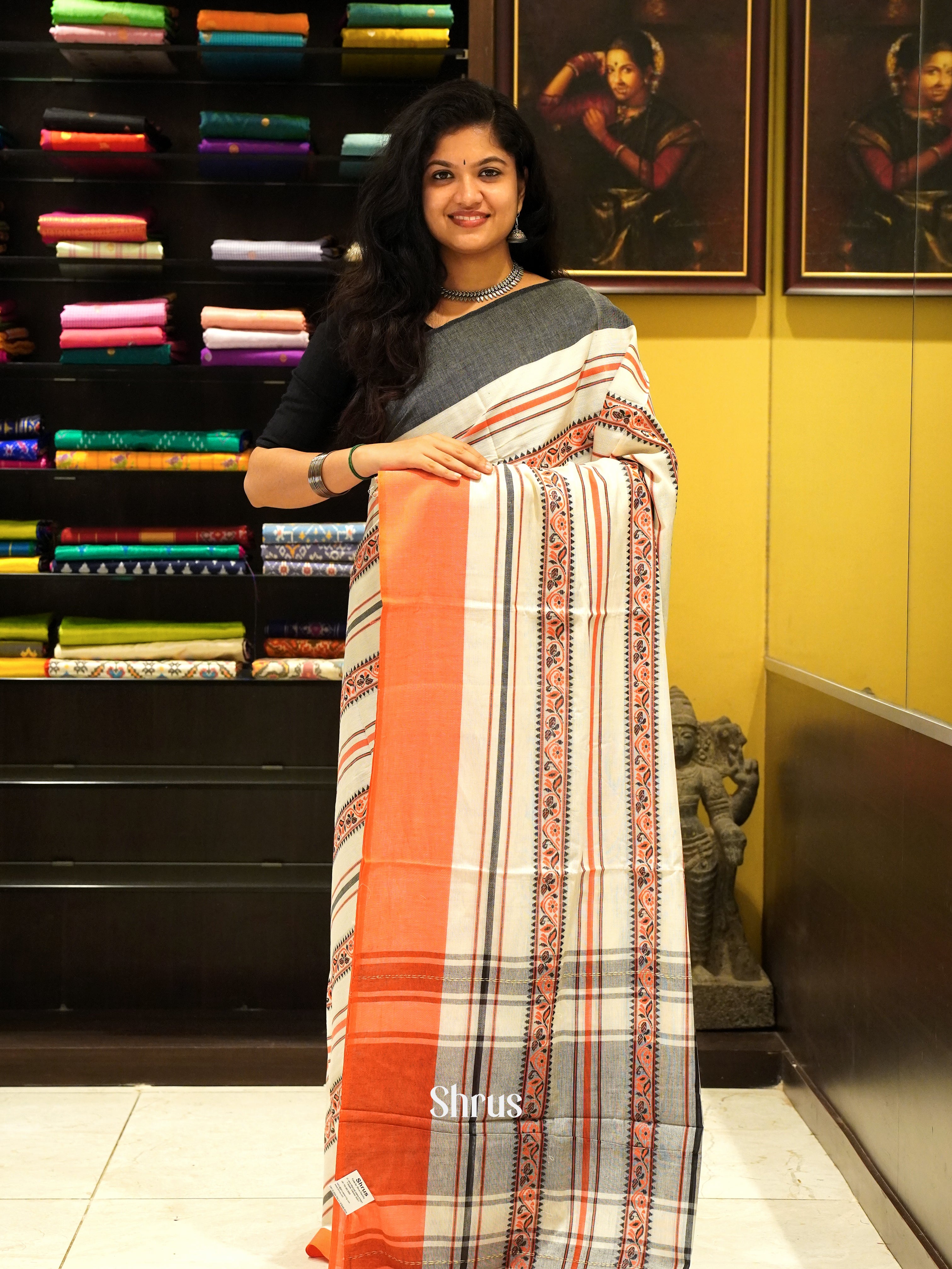 Cream & Orange - Mercerized cotton Saree - Shop on ShrusEternity.com