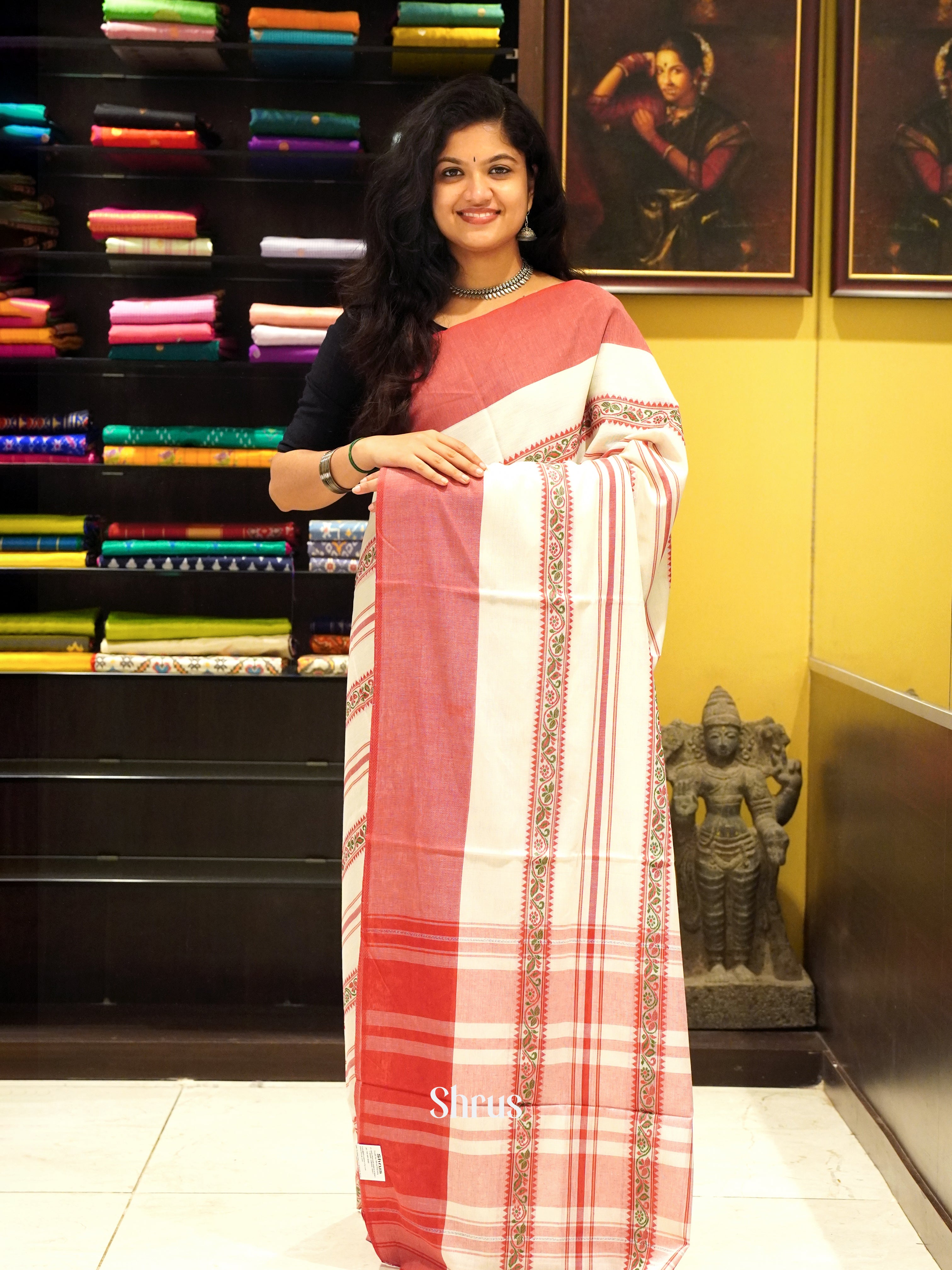 White & Red - Mercerized cotton Saree - Shop on ShrusEternity.com