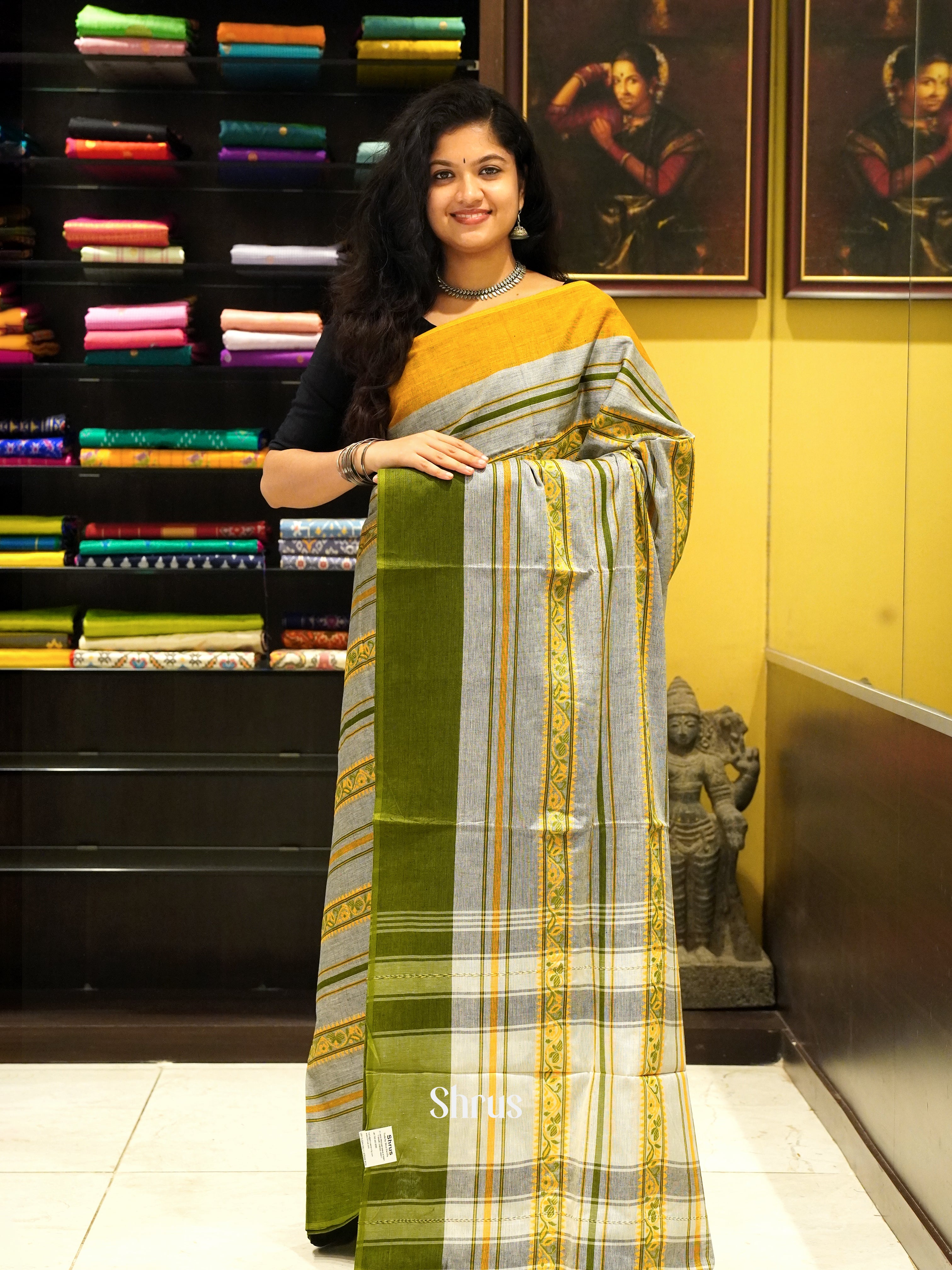 Grey & Green - Mercerized cotton Saree - Shop on ShrusEternity.com