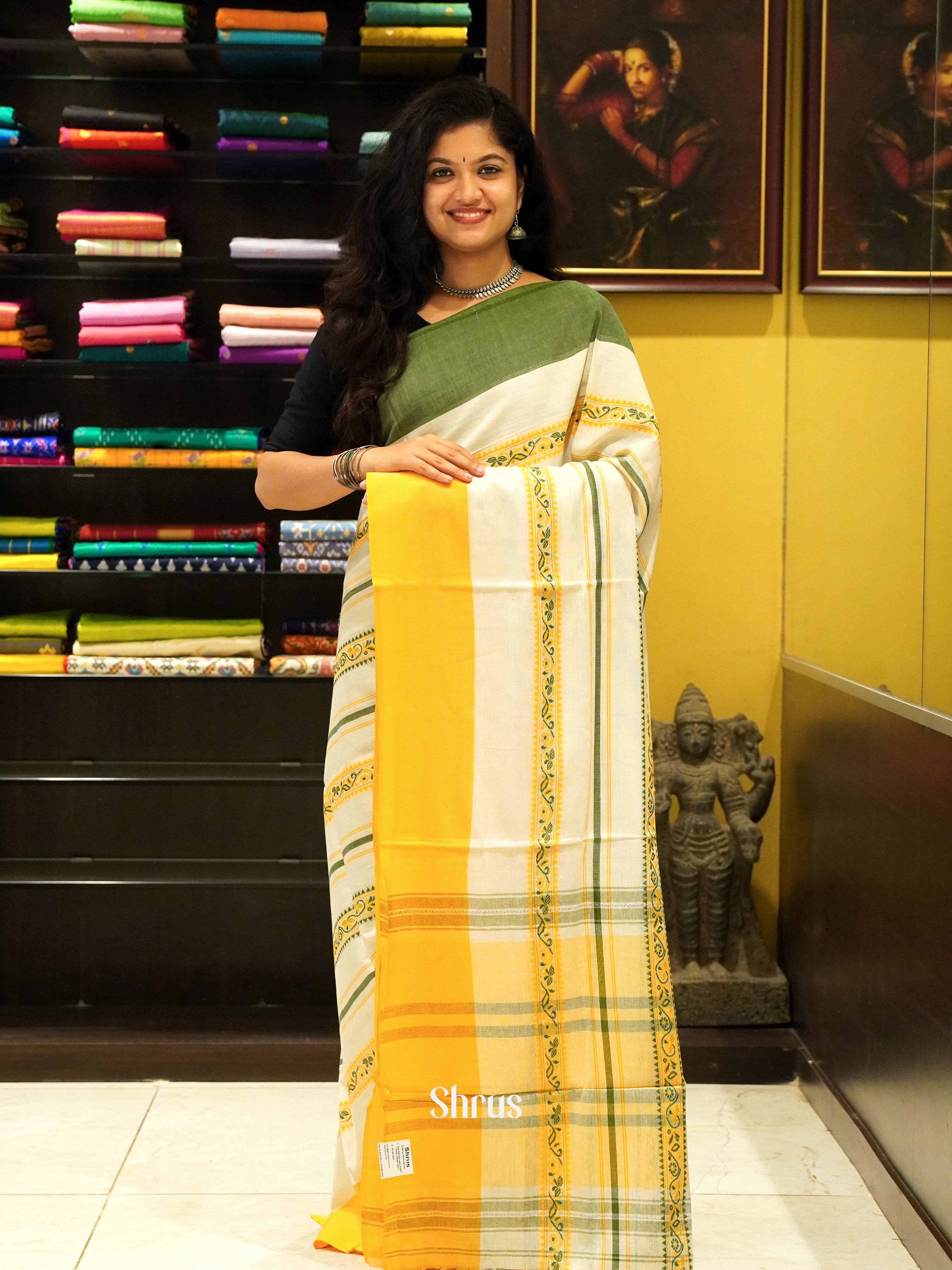 Cream & Yellow - Mercerized cotton Saree - Shop on ShrusEternity.com