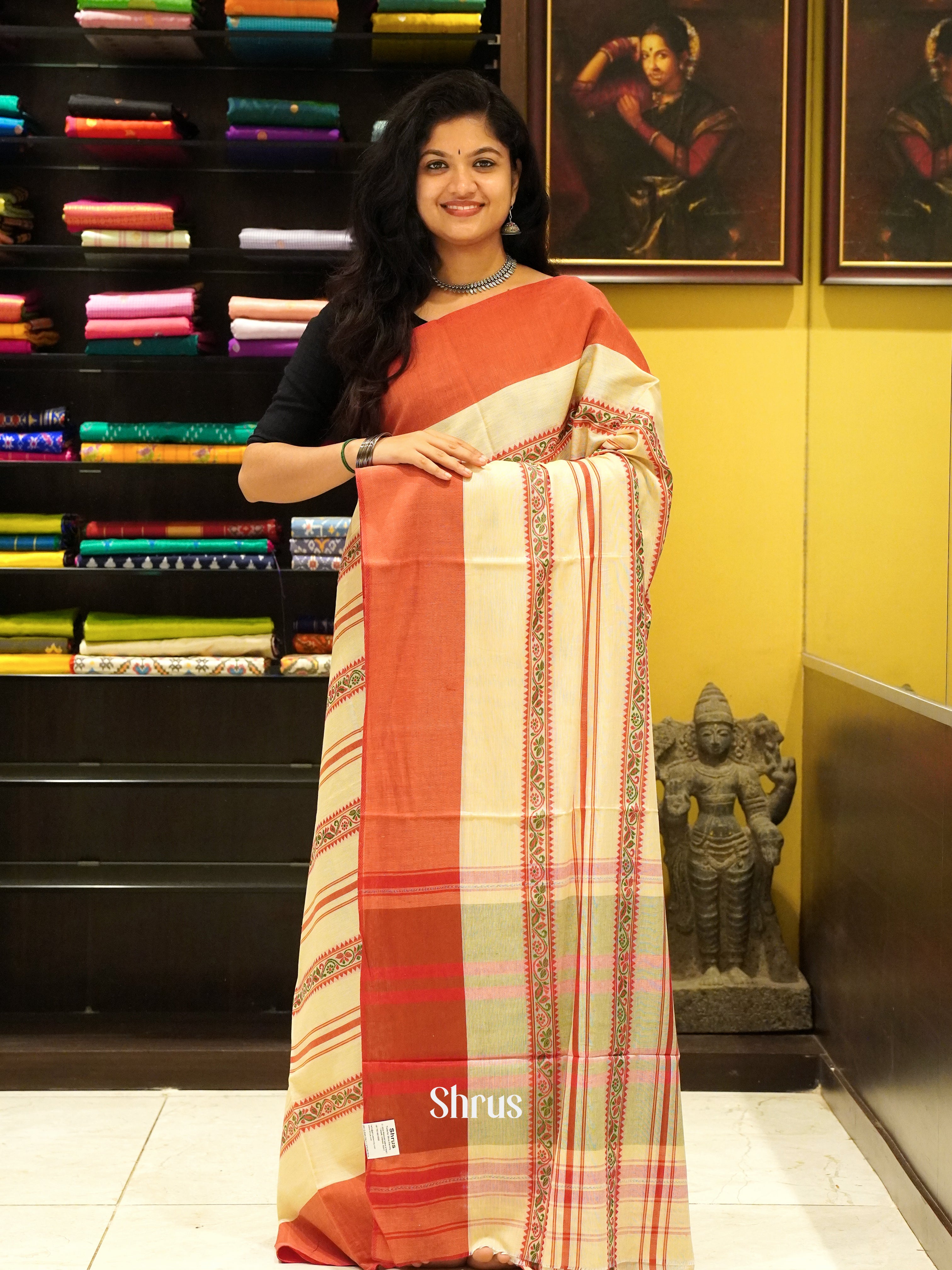 Cream & Orange - Mercerized cotton Saree - Shop on ShrusEternity.com