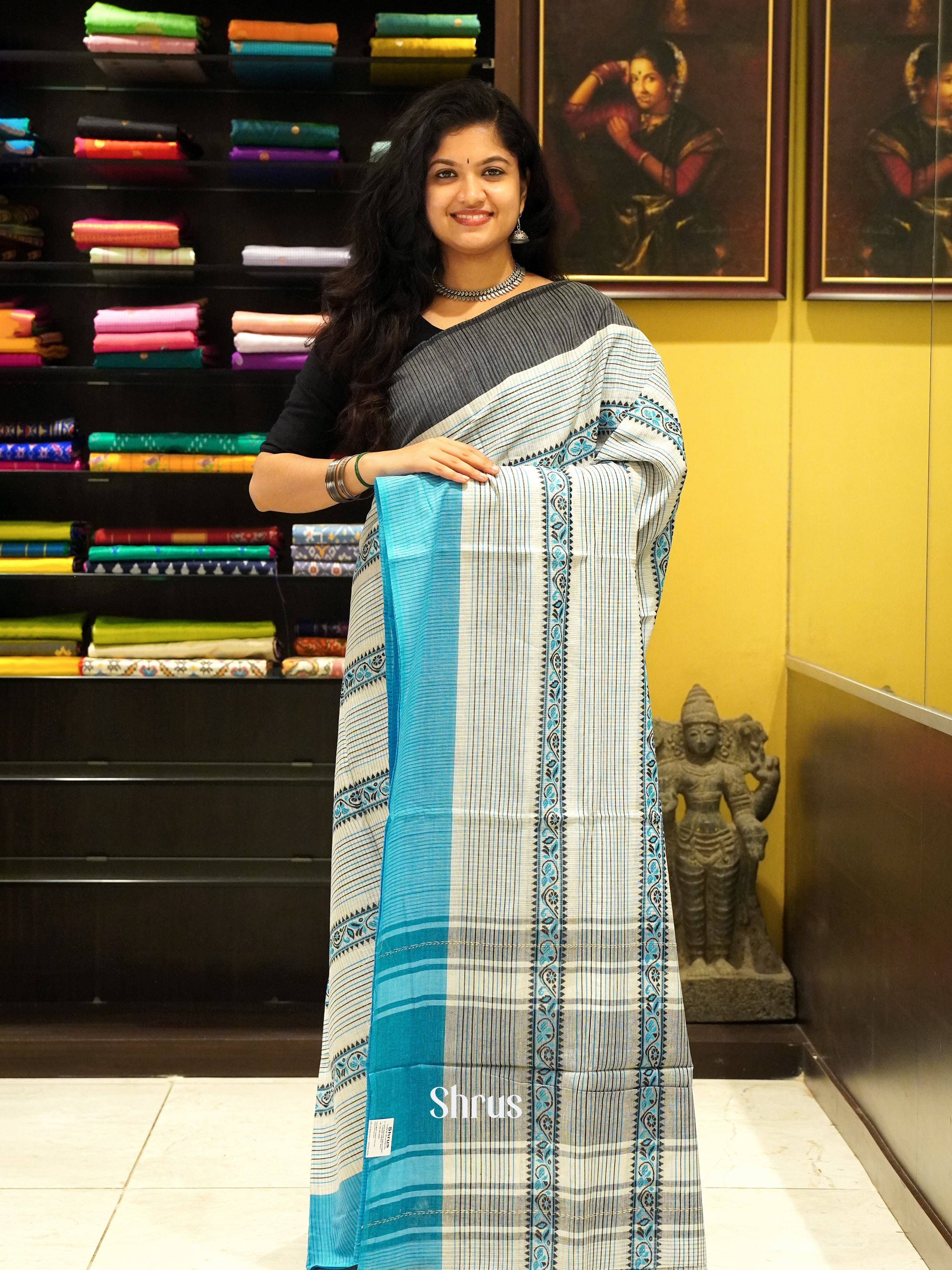 Cream & Blue - Mercerized cotton Saree - Shop on ShrusEternity.com