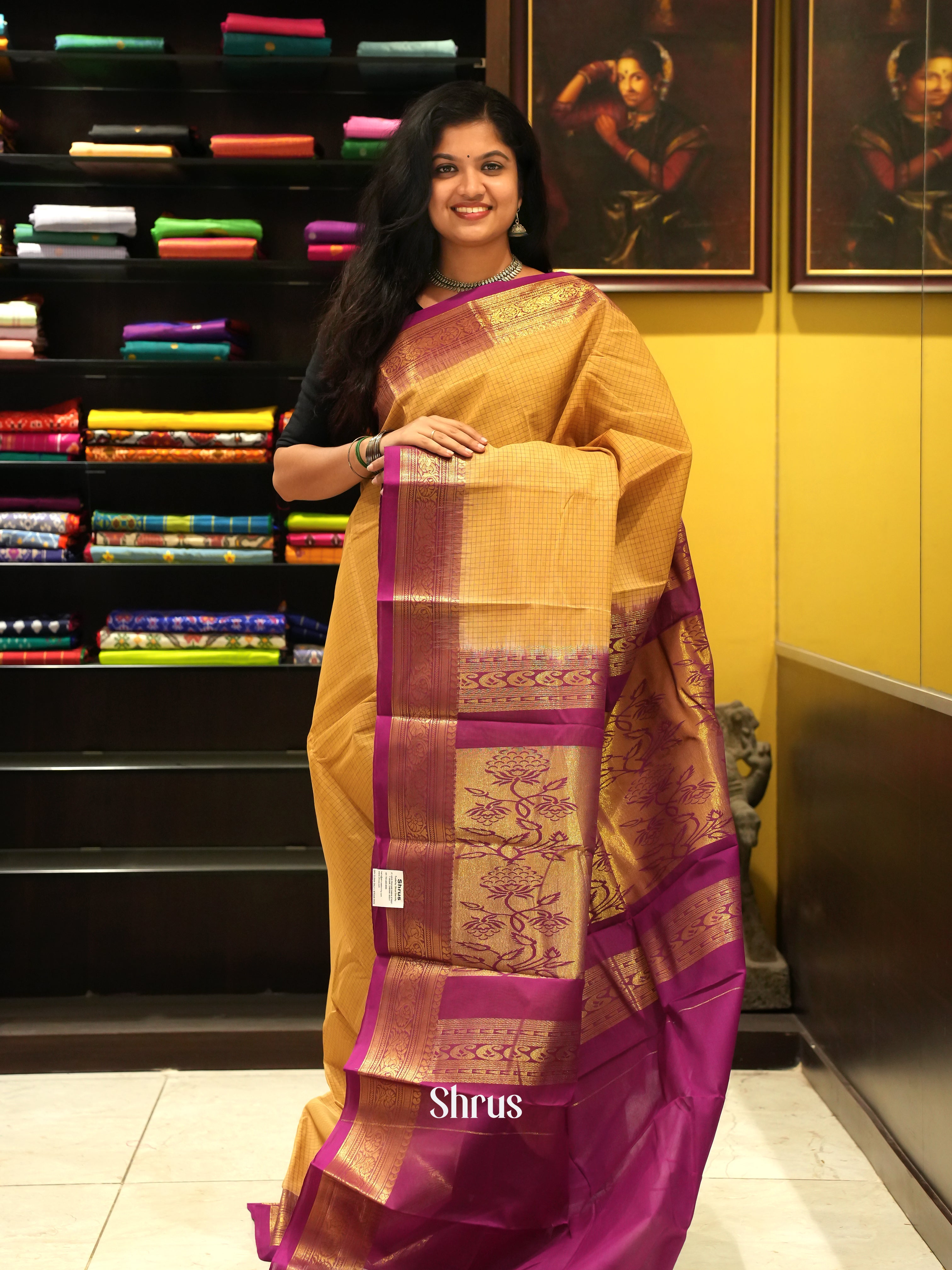 Mustard & Purple - Mercerized cotton Saree - Shop on ShrusEternity.com