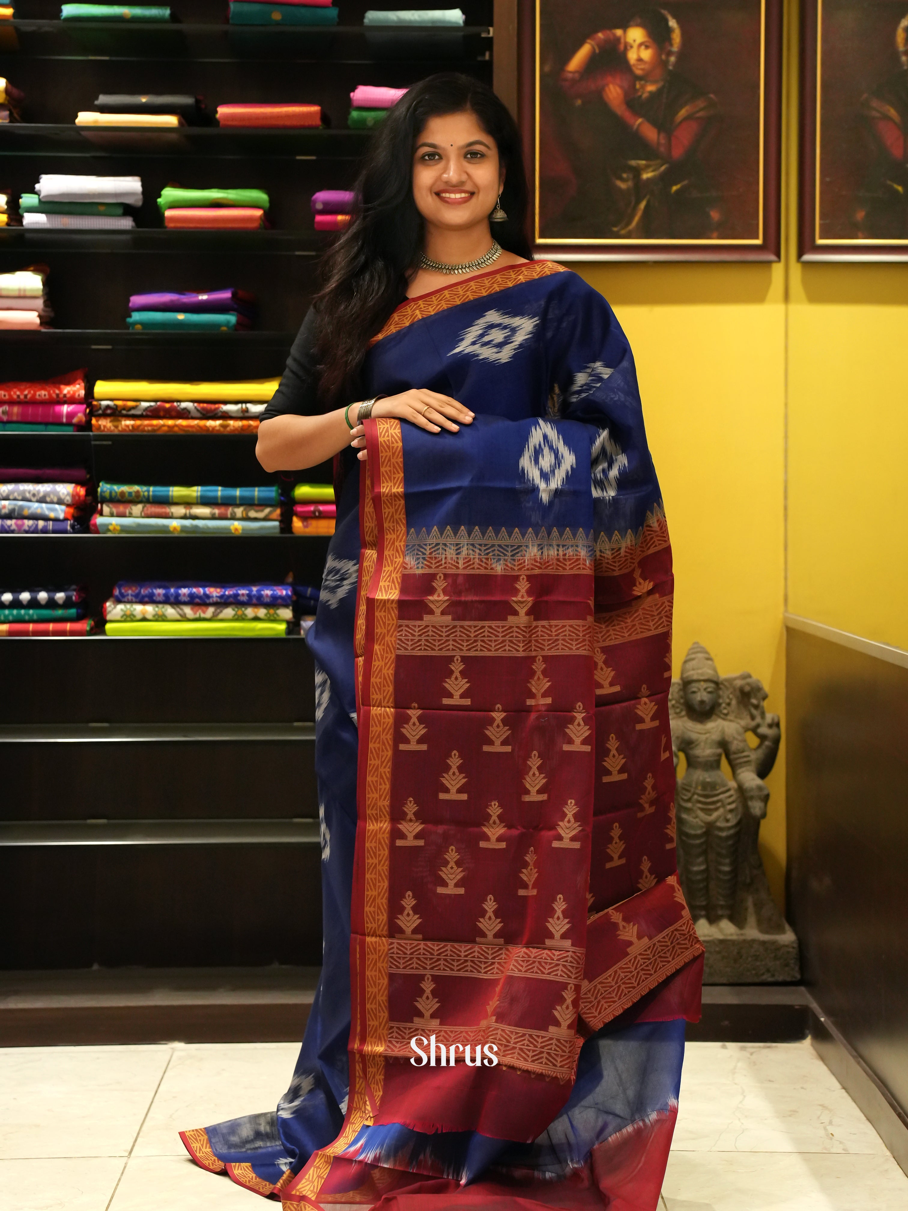 Blue & Maroon - Mercerized cotton saree - Shop on ShrusEternity.com