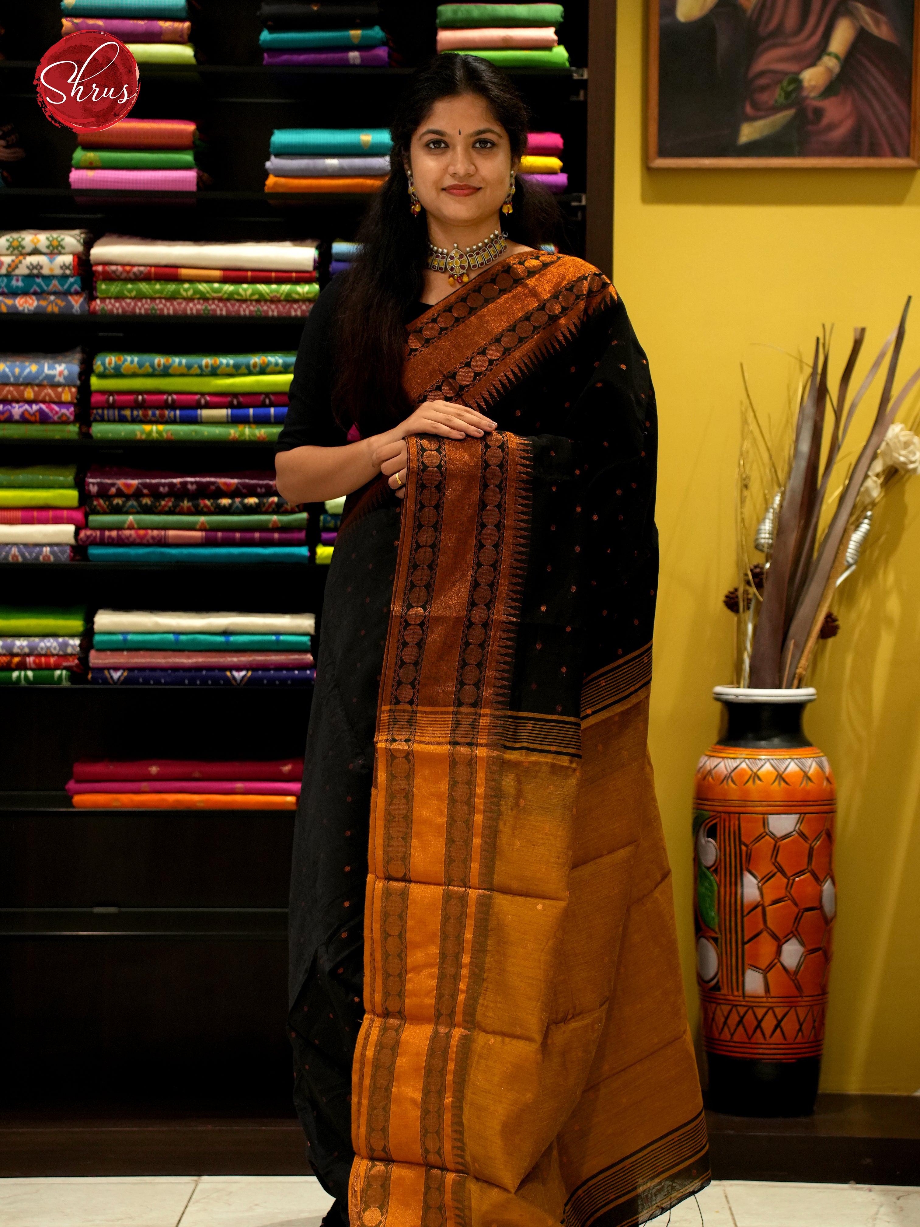 Black & Mustard - Mercerized Cotton Saree - Shop on ShrusEternity.com