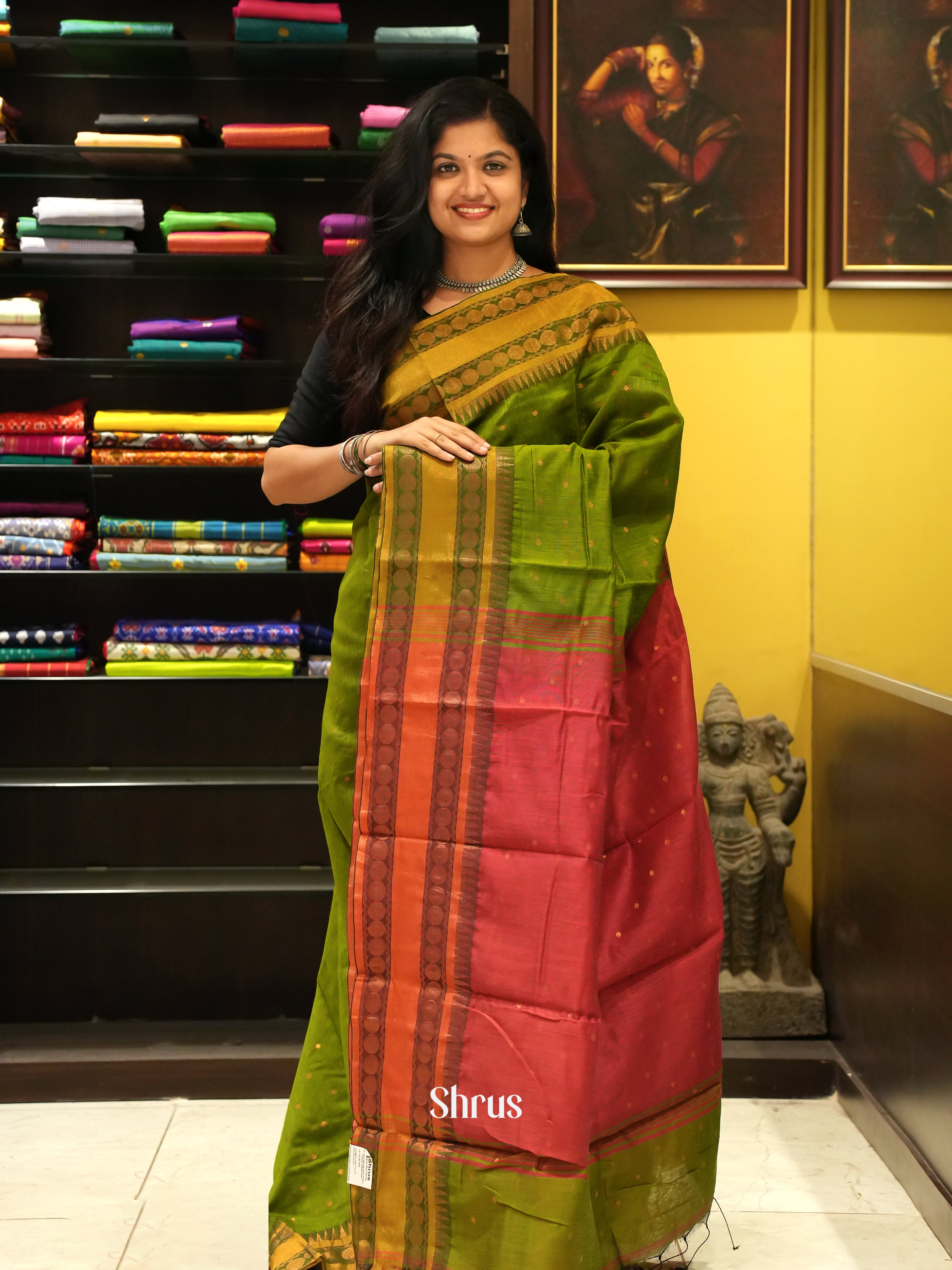 Green & Red - Mercerized cotton Saree - Shop on ShrusEternity.com