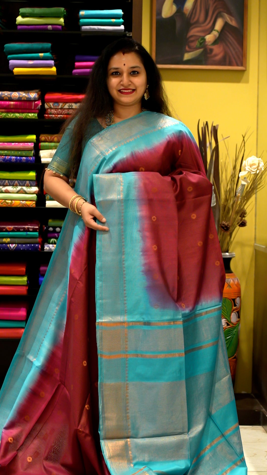 Wine & Teal Blue -Semi Tussar - Shop on ShrusEternity.com