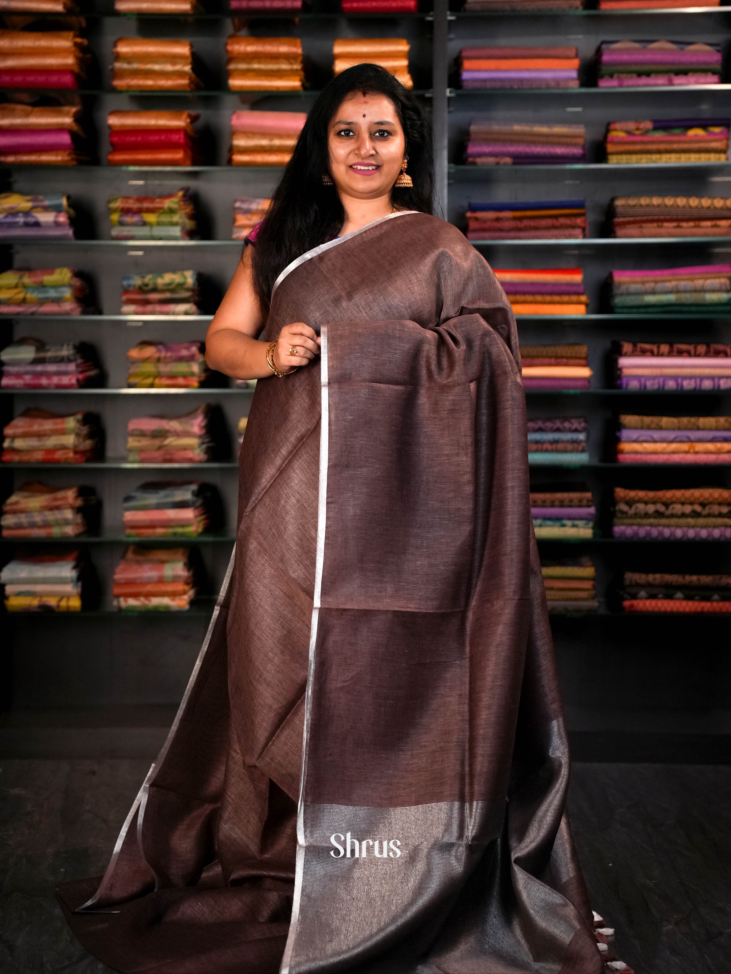 Silver & Brown - Linen Saree Saree - Shop on ShrusEternity.com