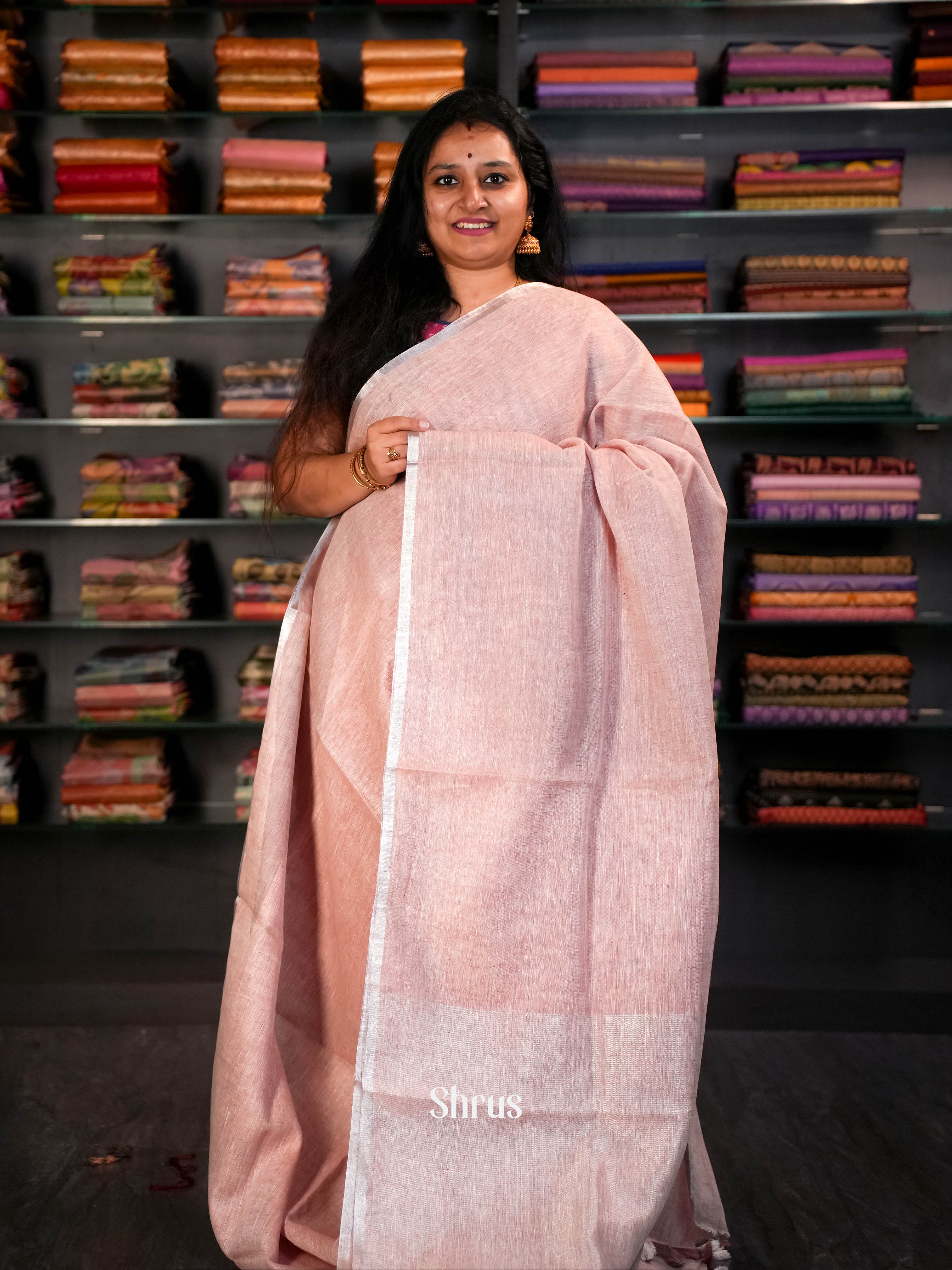 Peachy Light Brown - Linen Saree Saree - Shop on ShrusEternity.com