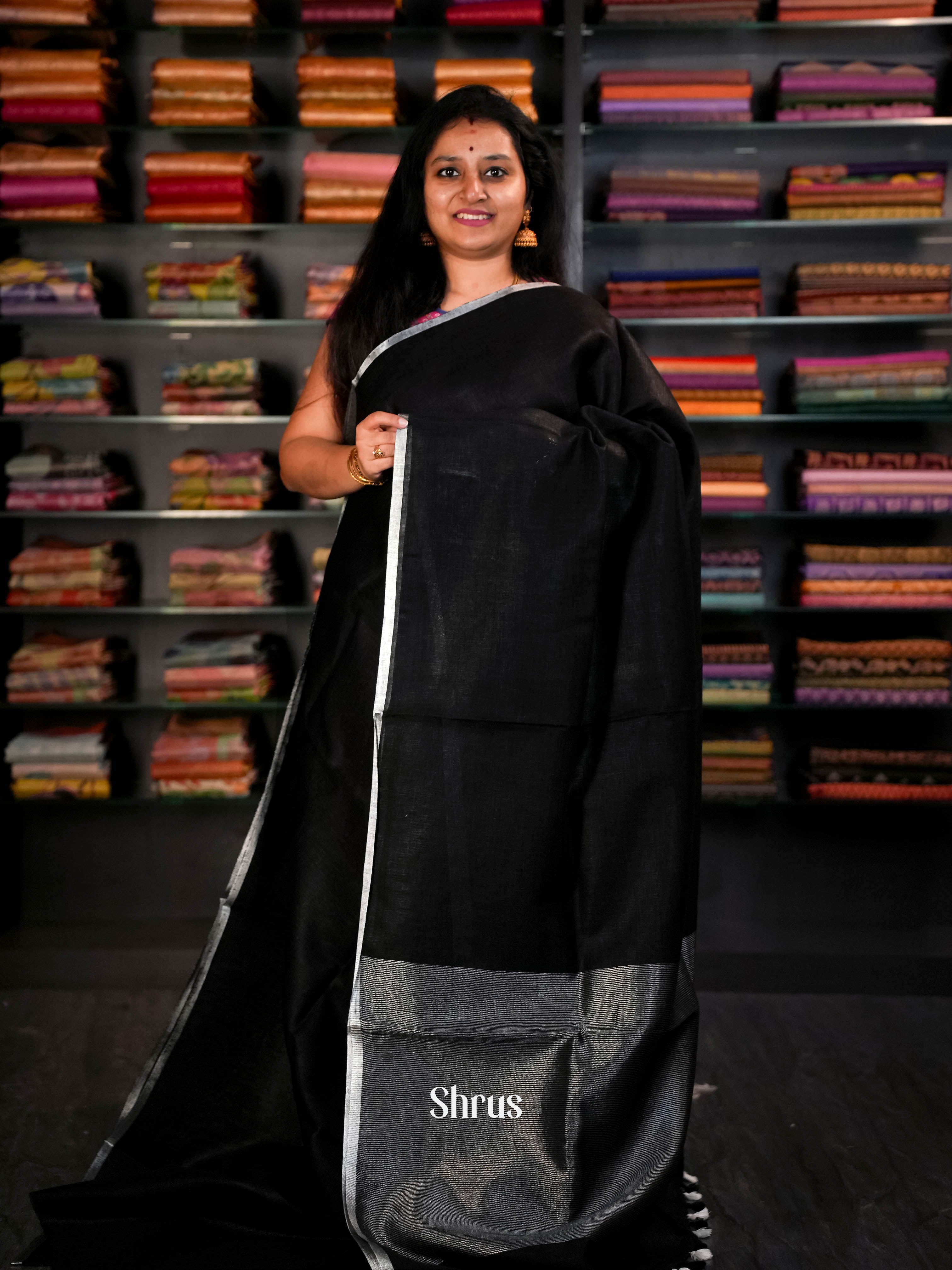 Black - Linen Saree Saree - Shop on ShrusEternity.com