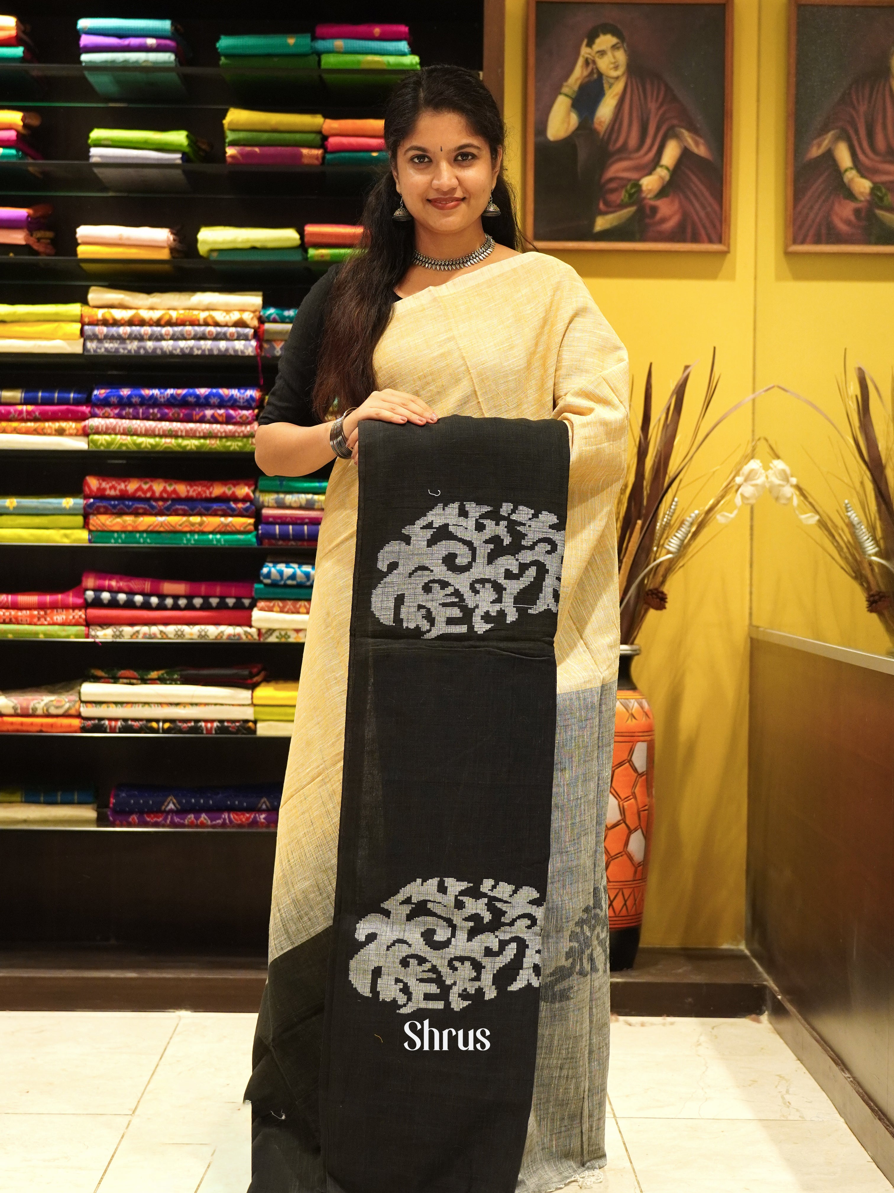 Cream & Black - Bengal cotton Saree - Shop on ShrusEternity.com