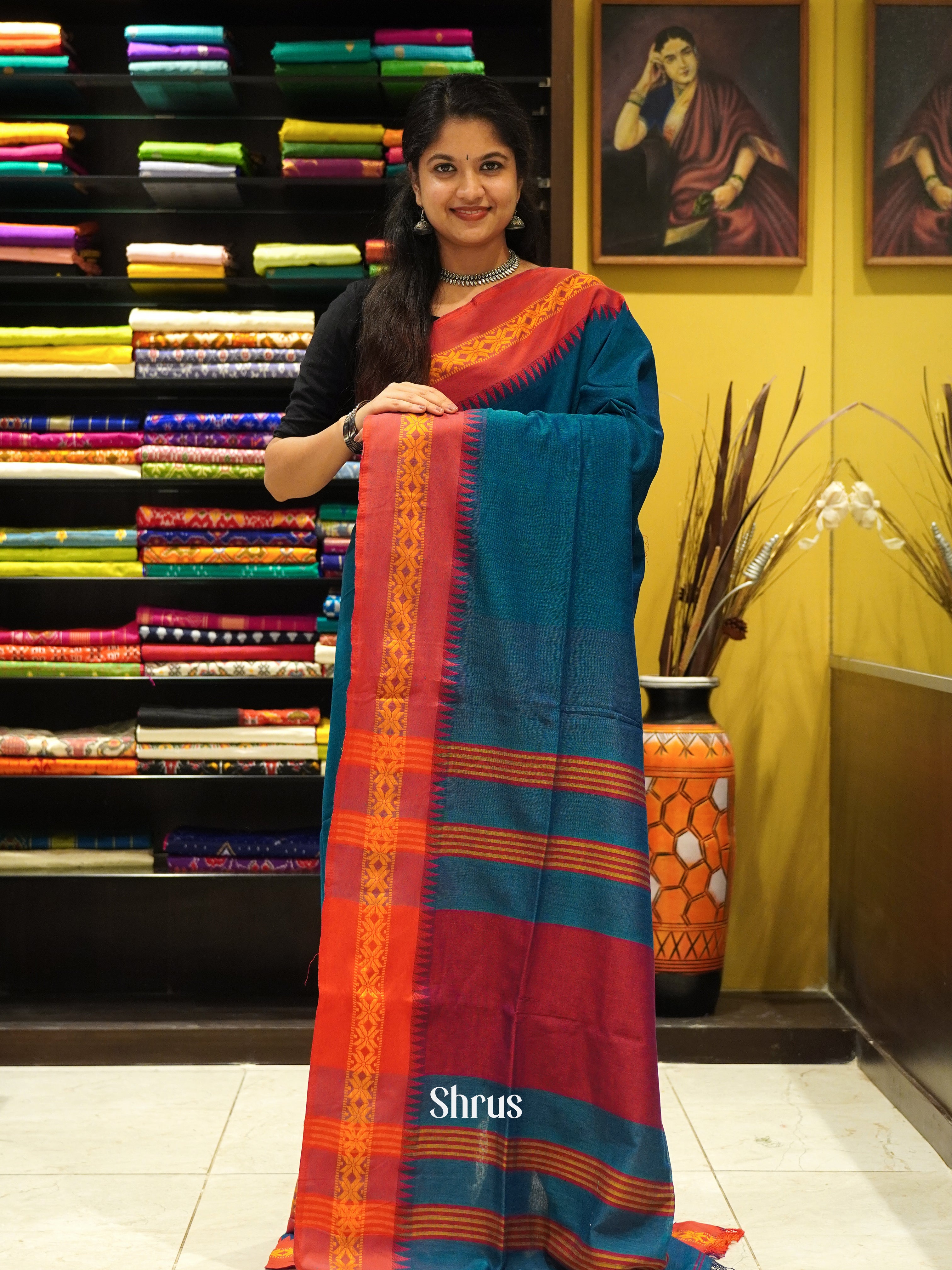 Blue & Orange - Bengal cotton Saree - Shop on ShrusEternity.com