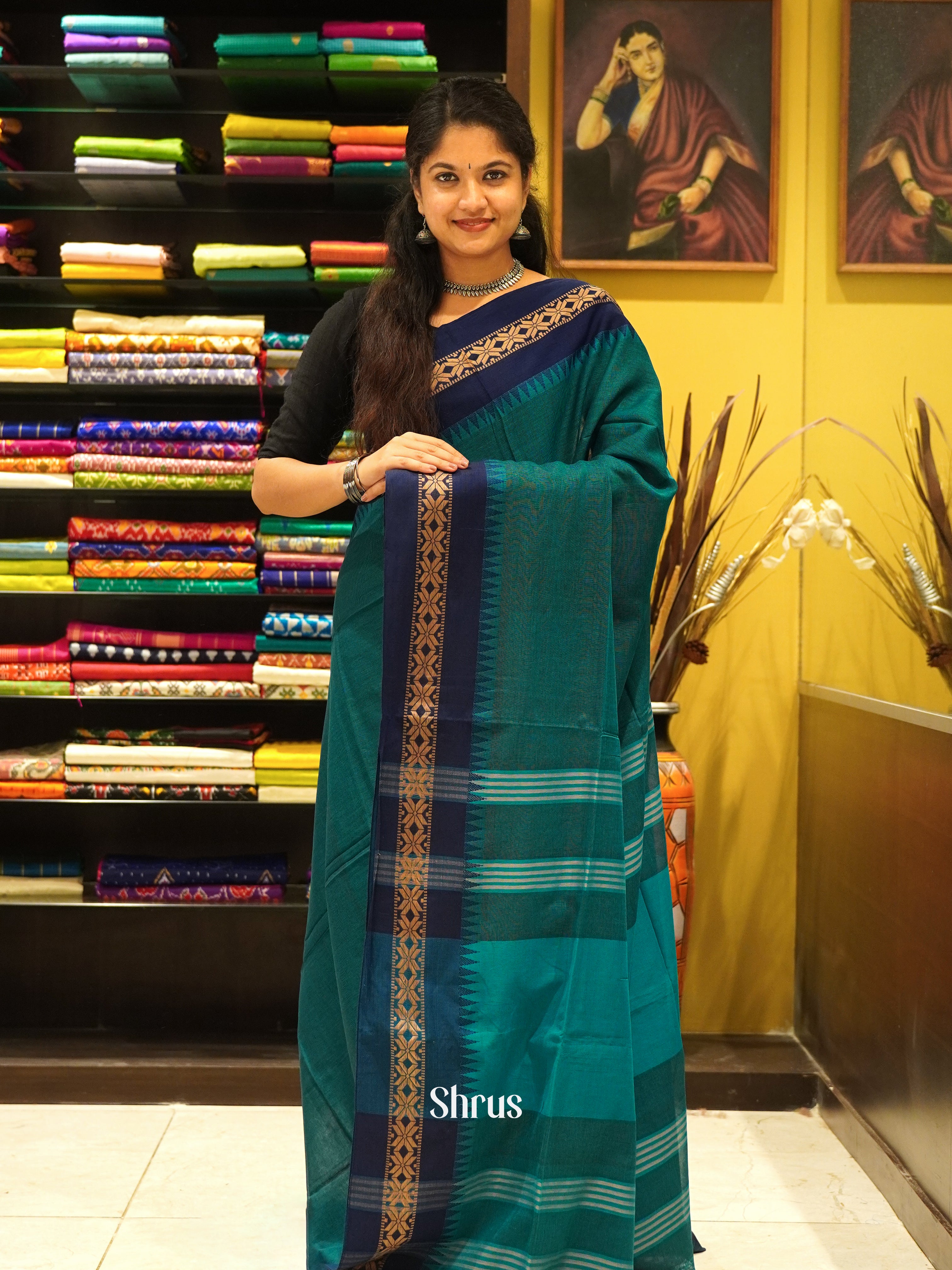 Green & Blue - Bengal cotton Saree - Shop on ShrusEternity.com