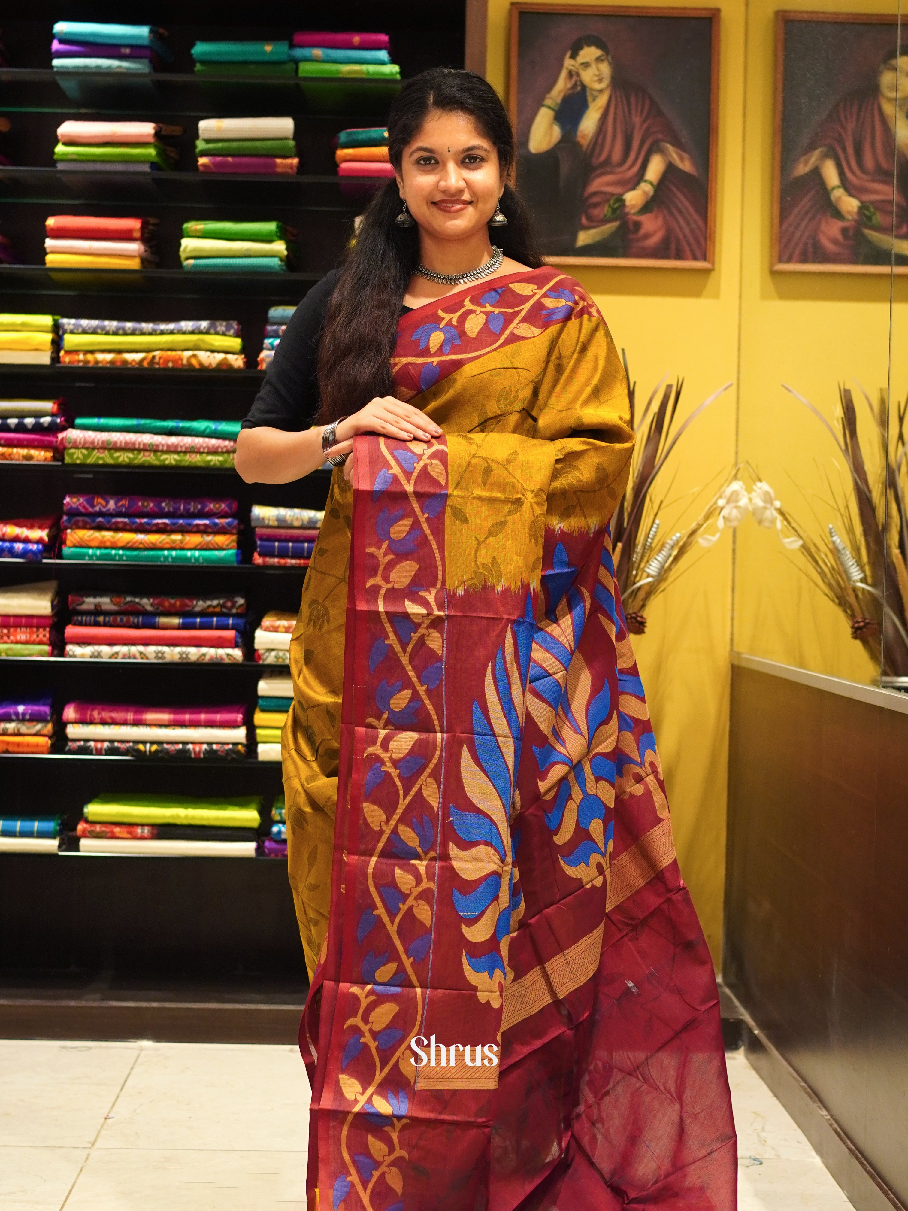 Mustard & Maroon - Mercerized cotton Saree - Shop on ShrusEternity.com