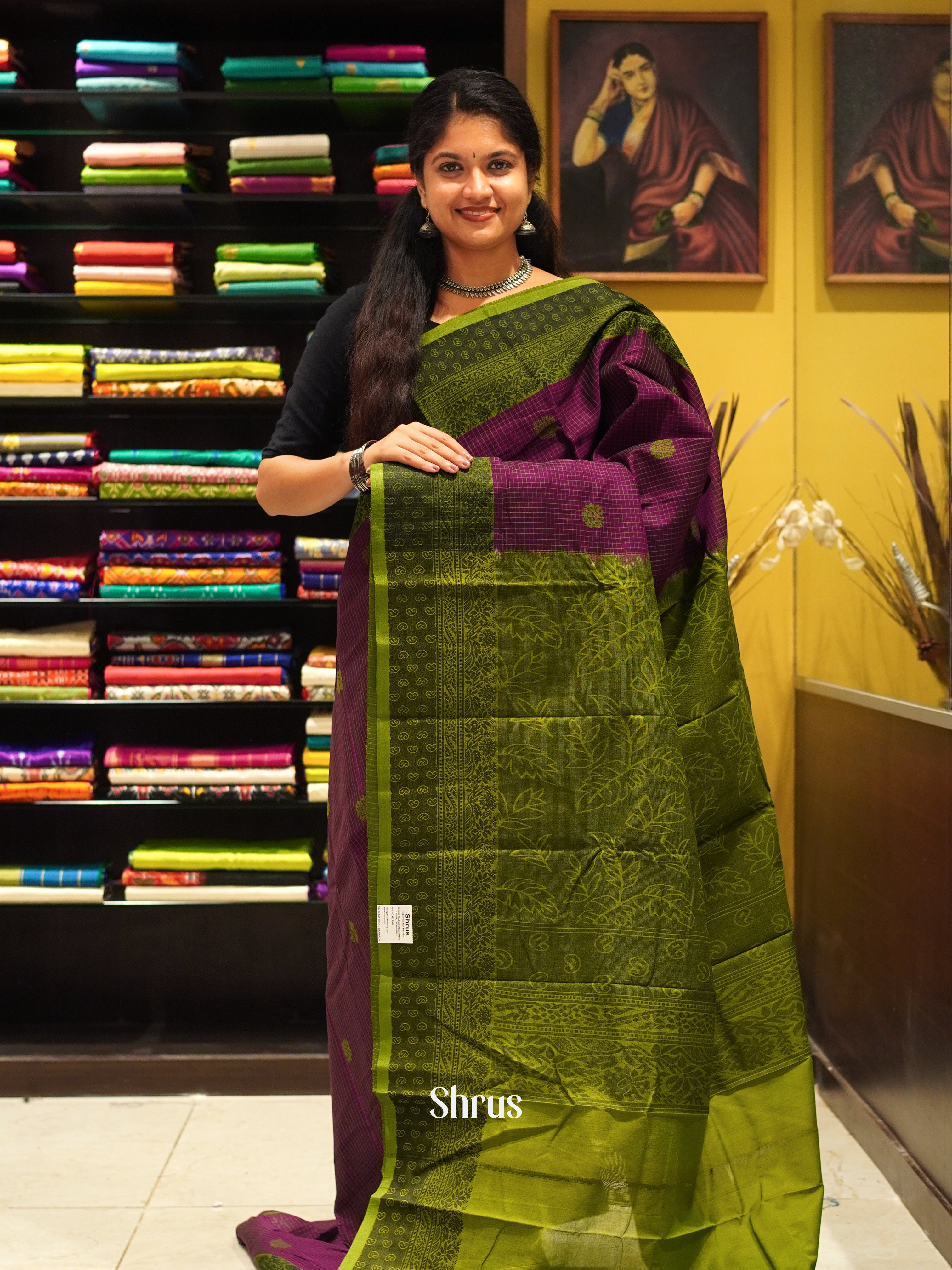 Purple & Green - Mercerized cotton Saree - Shop on ShrusEternity.com